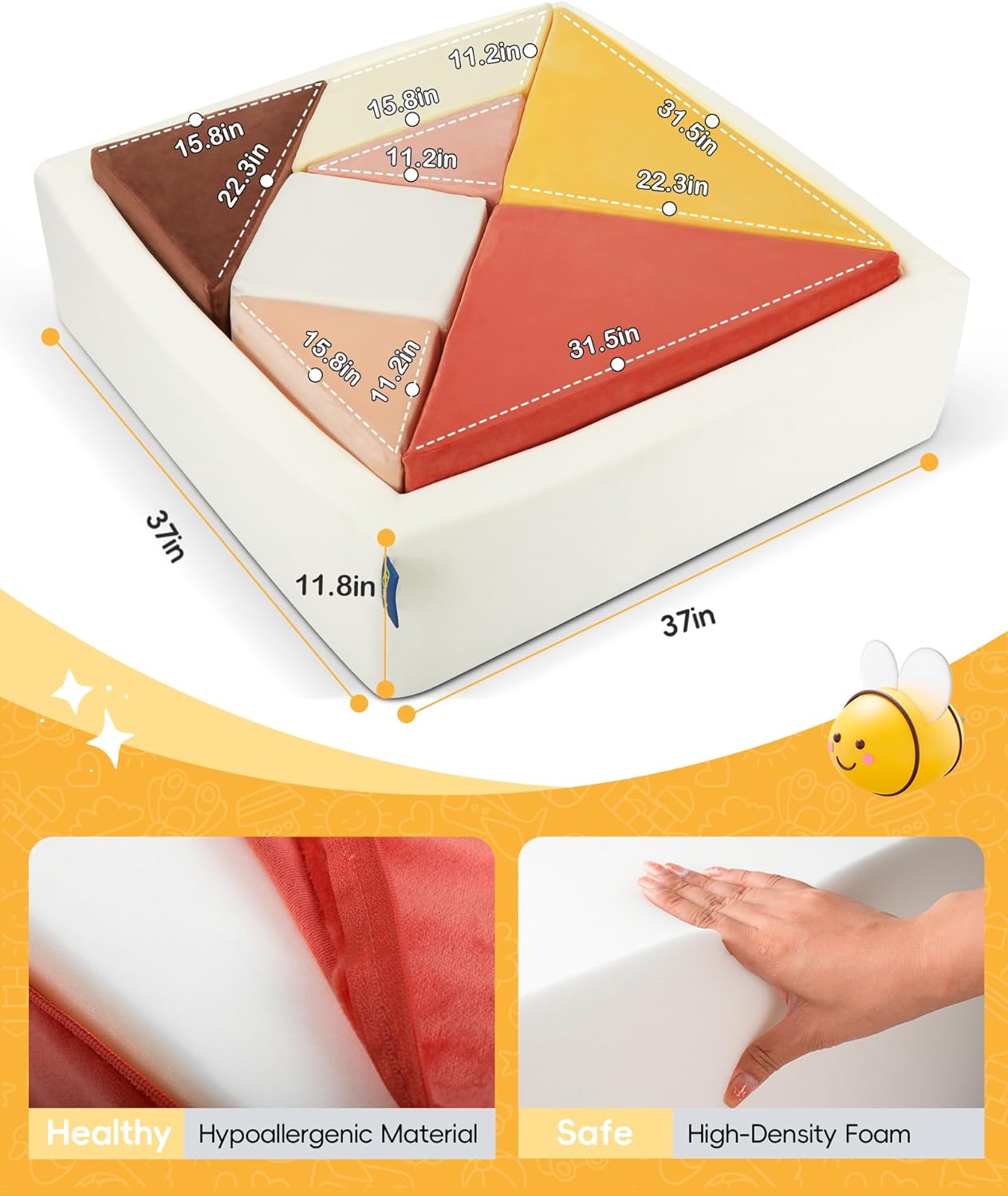 Kids Play Sofa, Tangram Square Puzzles Couch Furniture, Modular Kids Play Couchs Furniture, Puzzle Solving Couch Building Fort for Playroom Bedroom Boys Girls Teens, Dawn