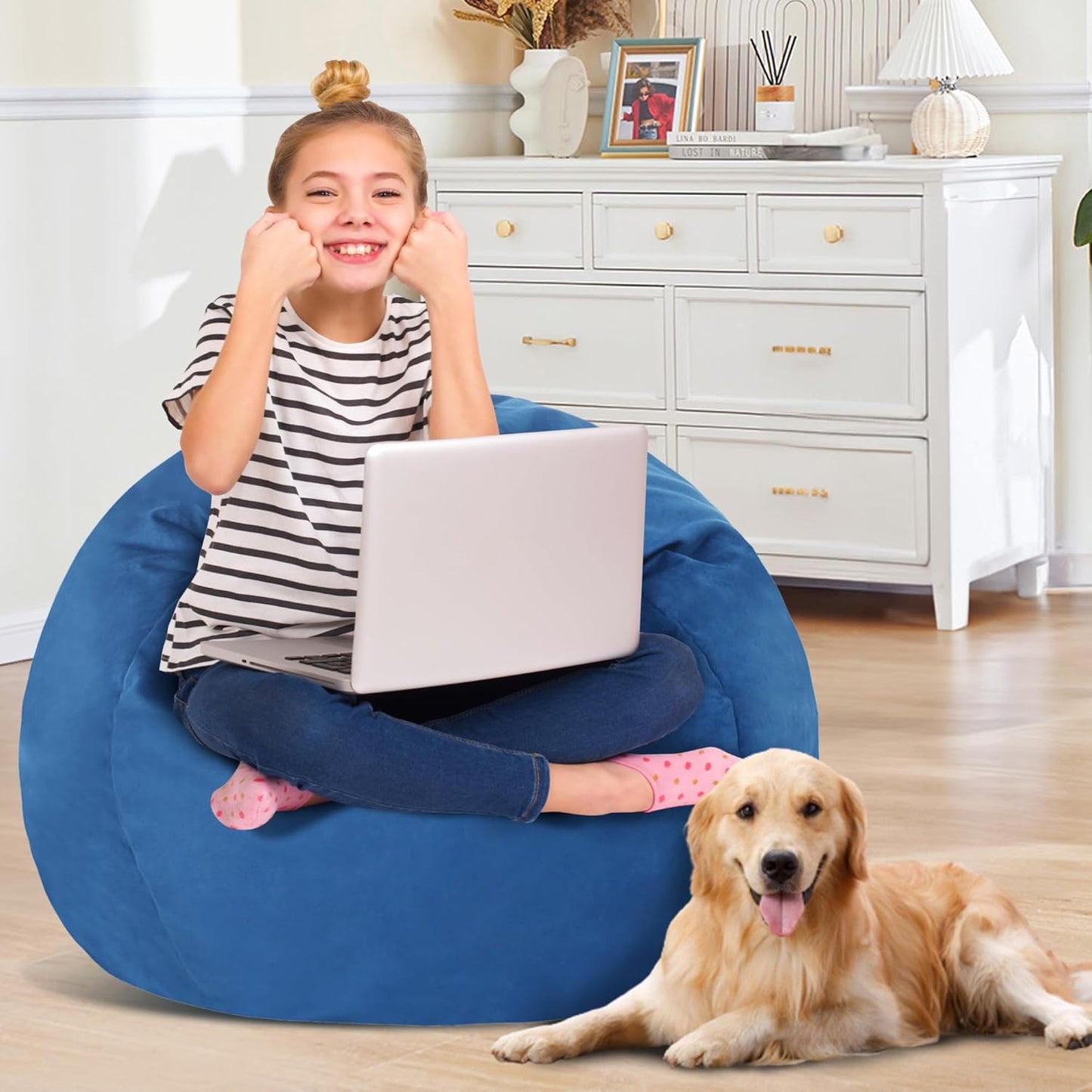 2FT Bean Bag Chair with Ultra Soft Velvet Cover Bean Bag Sofa with Memory Foam Bean Bag Chairs with Large Size Lazy Sofa for Dorm Office Living Room Bedroom Blue 2'