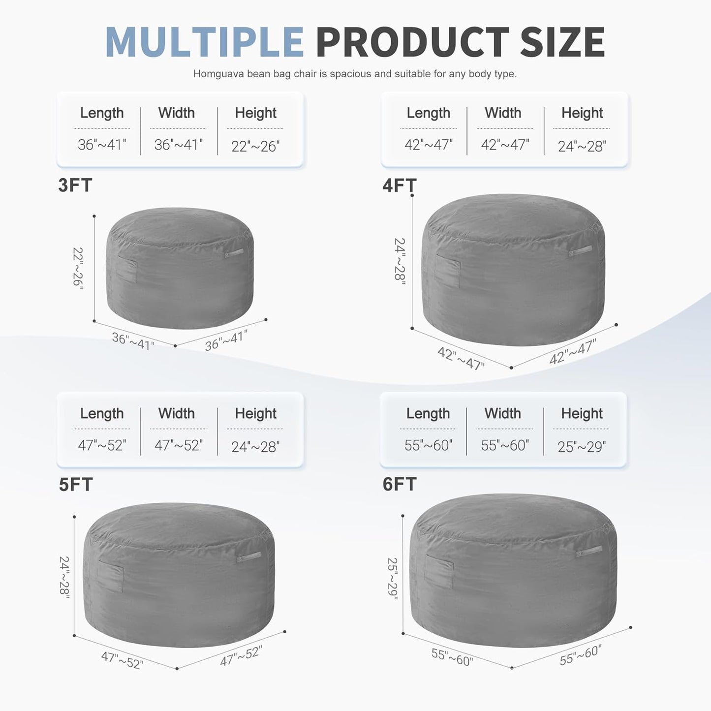 Homguava 5 FT Bean Bag Chair: 5' Bean Bags with Memory Foam Filled, Large Beanbag Chairs Soft Sofa with Dutch Velvet Cover-Light Grey