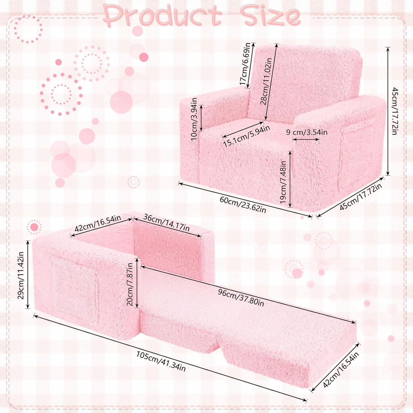 SLIGUY Toddler Couch Convertible Sofa to Lounger Pull Out Couch Sherpa Cover Dark Pink