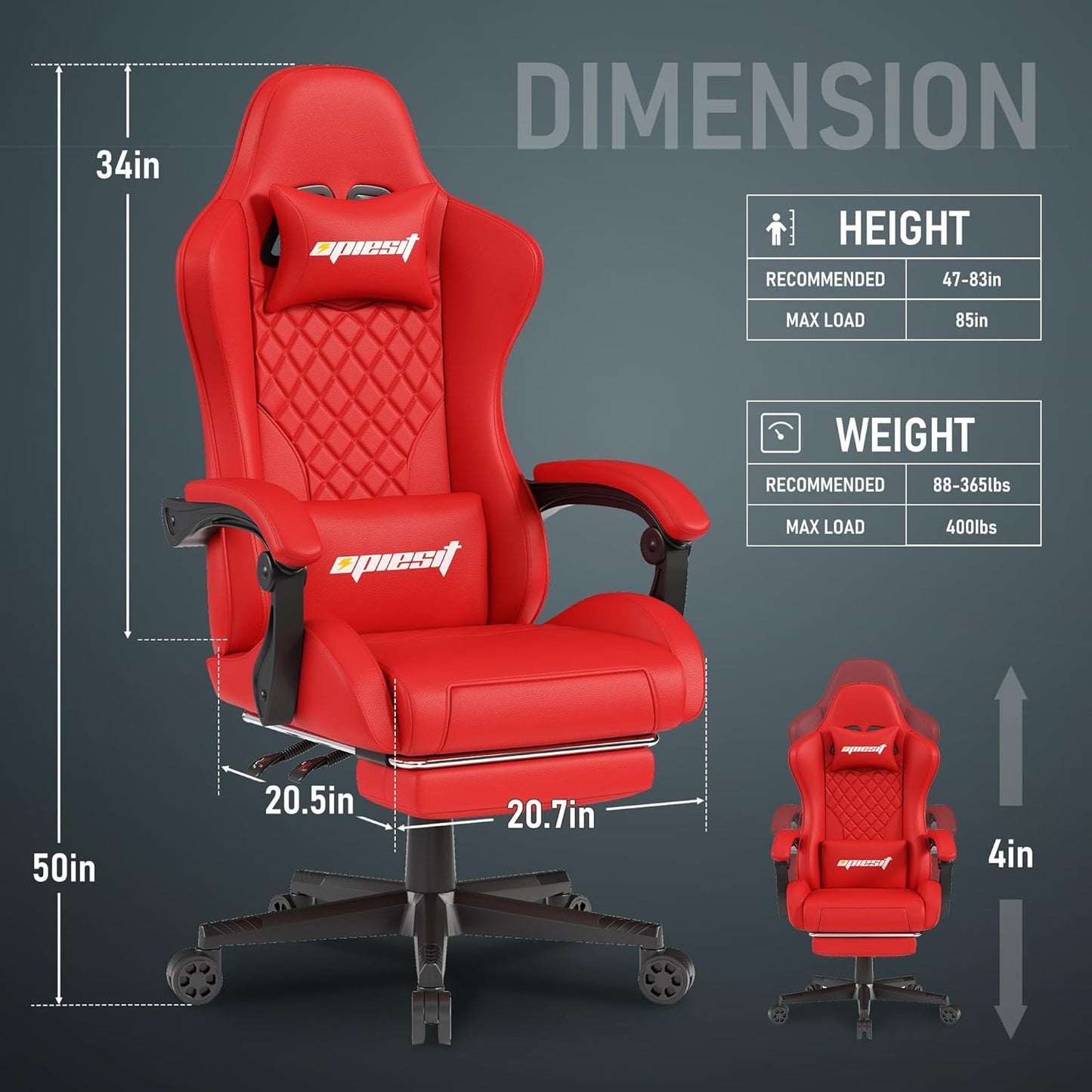 Gaming Chair Office Chair with Footrest, Height Adjustable, Ergonomic Computer Chairs with Pocket Spring Cushion, PU Leather,Video Game Chair 360° Swive,(PU-Red)