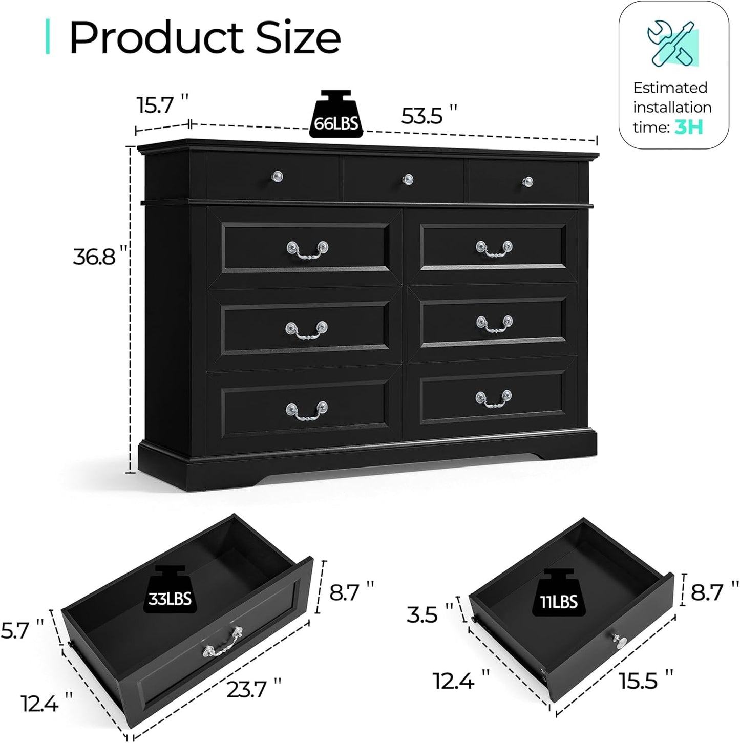 LINSY HOME 9 Drawers Dresser for Bedroom, 54" Wide Wooden Storage Chest with Antique Handles, Modern Farmhouse Large Dresser TV Stand, Chest of Drawers for Closet, Living Room, Hallway, Black