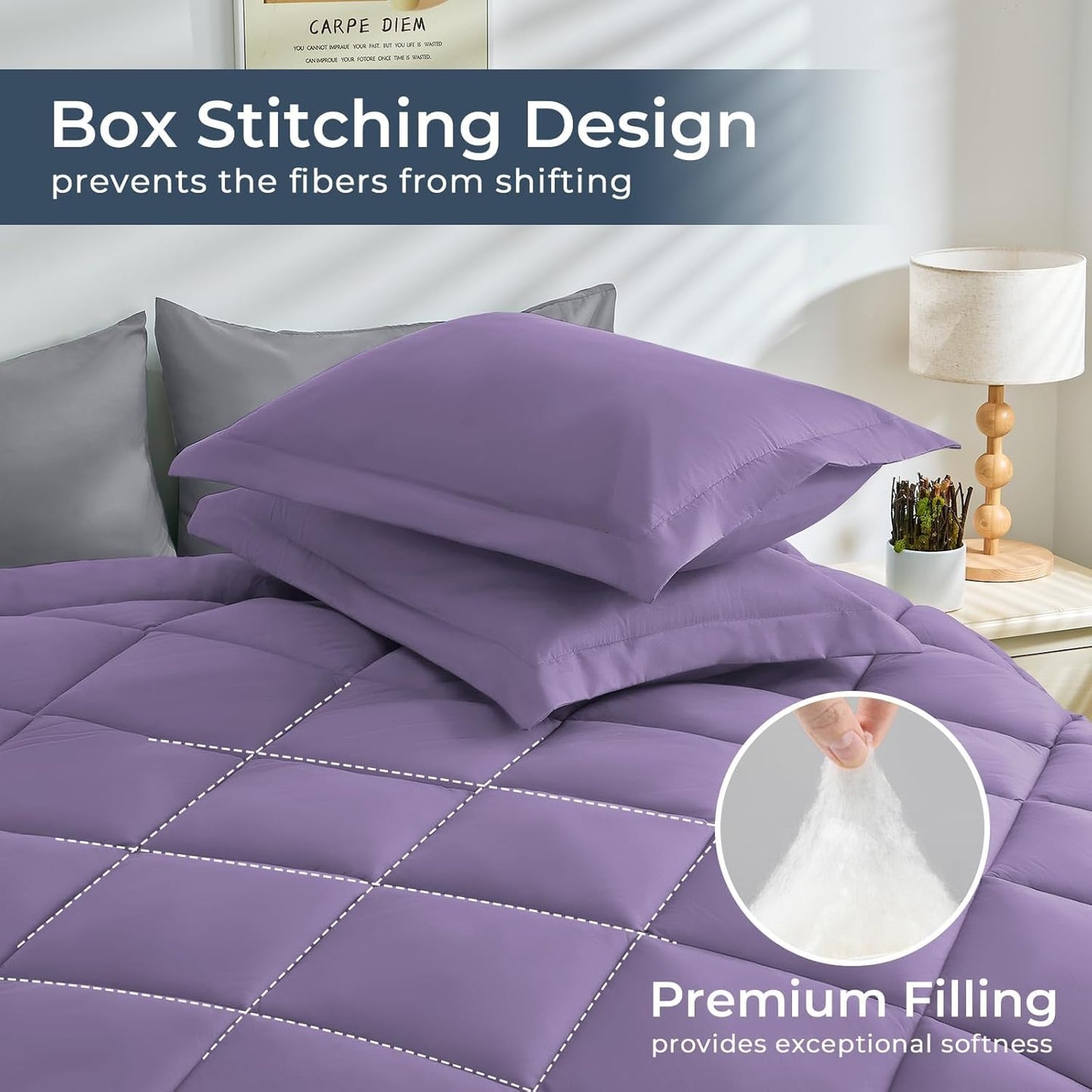 HEVUMYI Twin Comforter Set - 5-Piece All Season Bed in a Bag Twin, Ultra Soft Bedding Set with Comforter, Flat Sheet, Fitted Sheet, Pillowcases, Pillow Shams, Purple & Light Grey