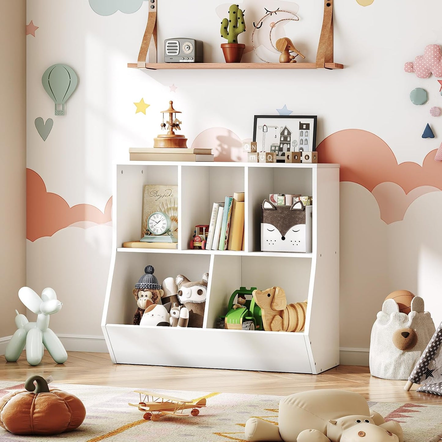 HOOBRO Kids Bookshelf, Bookcase Footboard, 31.5" L Toy Storage Cubby, Children's Toy Shelf, Toy Storage Cabinet, Fit for Children's Room, Playroom, Hallway, Kindergarten, White WT328CW01