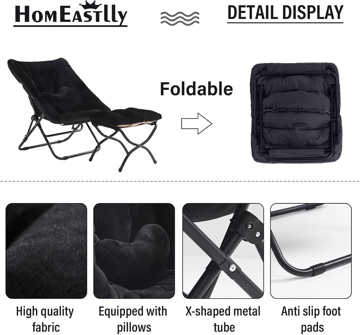 Comfy Saucer Chair with Ottoman, Oversized Folding Faux Fur Chair Soft Furry Lounge Lazy Chair with Metal Frame Moon Chair Accent Chair for Bedroom, Living Room, Dorm Rooms, Black