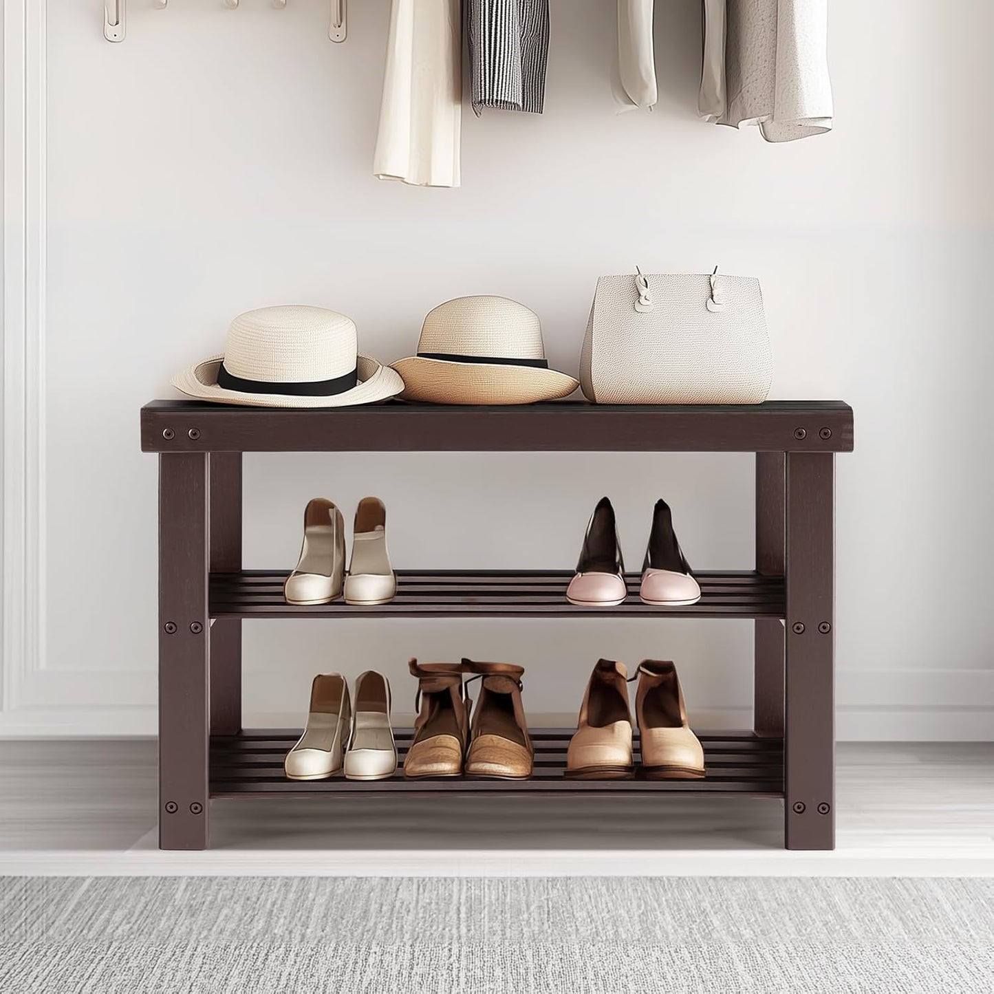 Sweetcrispy Shoe Rack Bench, 3-Tier Bamboo Entryway Storage Organizer, 286lb Capacity, Shoes Stand for FrontDoor Entrance, Bedroom, Living Room, Bathroom, Balcony, 11.3 x 27.6 x 17.8 Inches, Brown