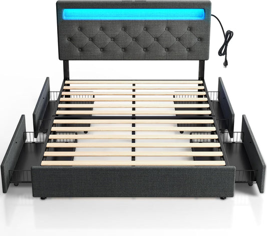 Rolanstar Full Size Bed Frame with 4 Storage Drawers and Charging Station, Full Bed with Led Lights, 2 USB & 1 Type C, Adjustable Headboard 38.9/40.9 Inches, No Box Spring Needed, Grey