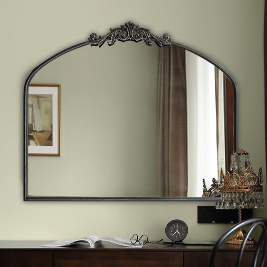 WAMIRRO Ornate Black Mirror,Vintage Arched Baroque Antique Mirorrs for Living Room Hallway Fireplace Bathroom Entryway 36"X30"