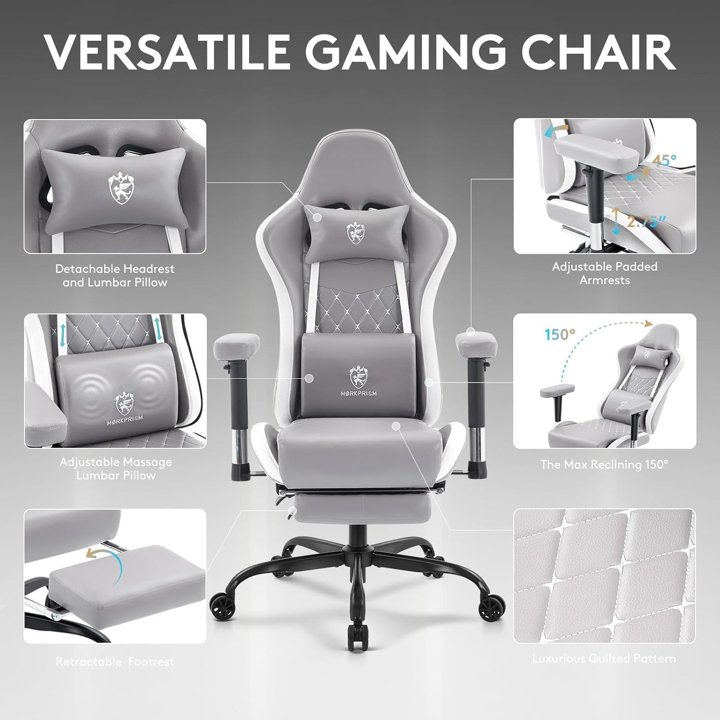 Gaming Chair,Computer Office Chair with Footrest,Massage Lumbar Support and Gel Pad,Ergonomic Reclining Leather Gamer Chair with Headrest,Adjustable Armrests and Spring Cushion Grey White