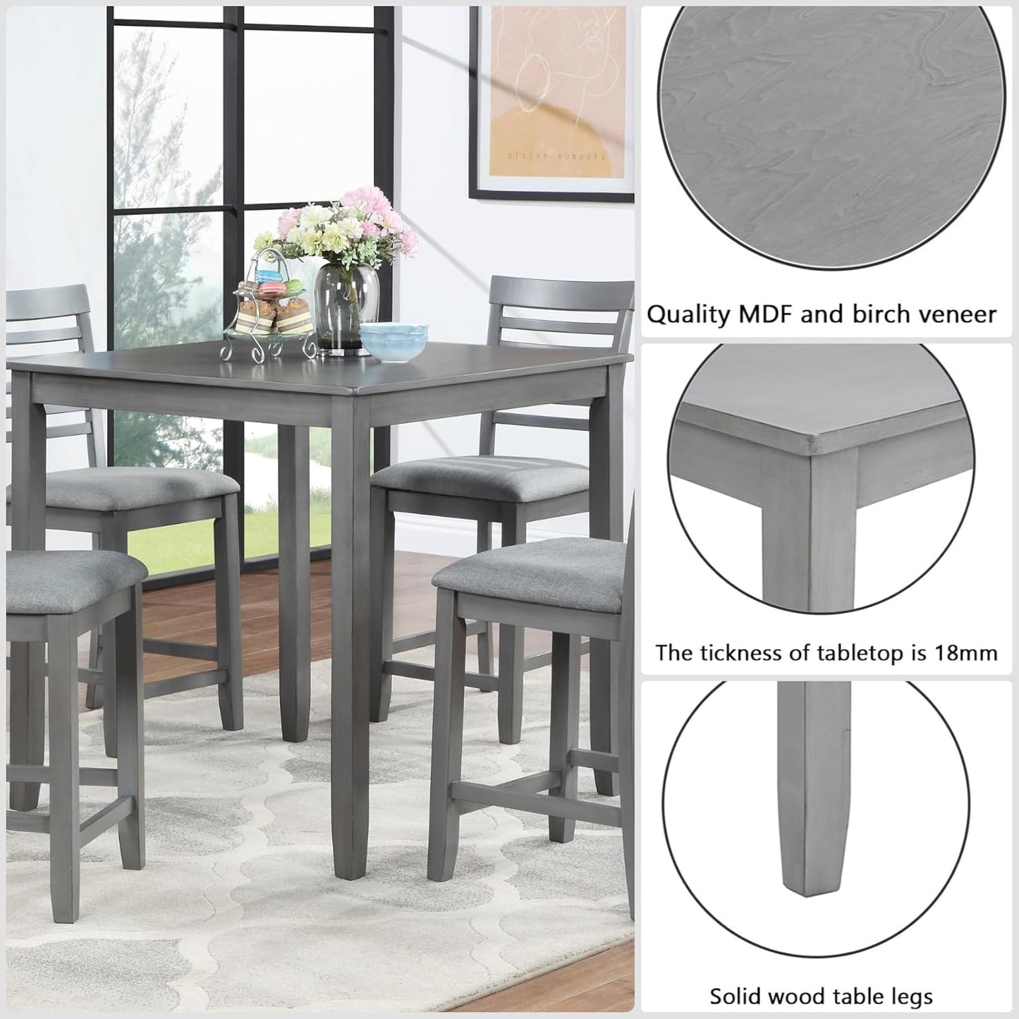 Dining Table Set for 4, Modern 5 Piece Dining Room Table Set with Square Table & 4 Ladder Backrest Upholstered Chairs, Counter Height Kitchen Chairs Set for Small Space, Gray