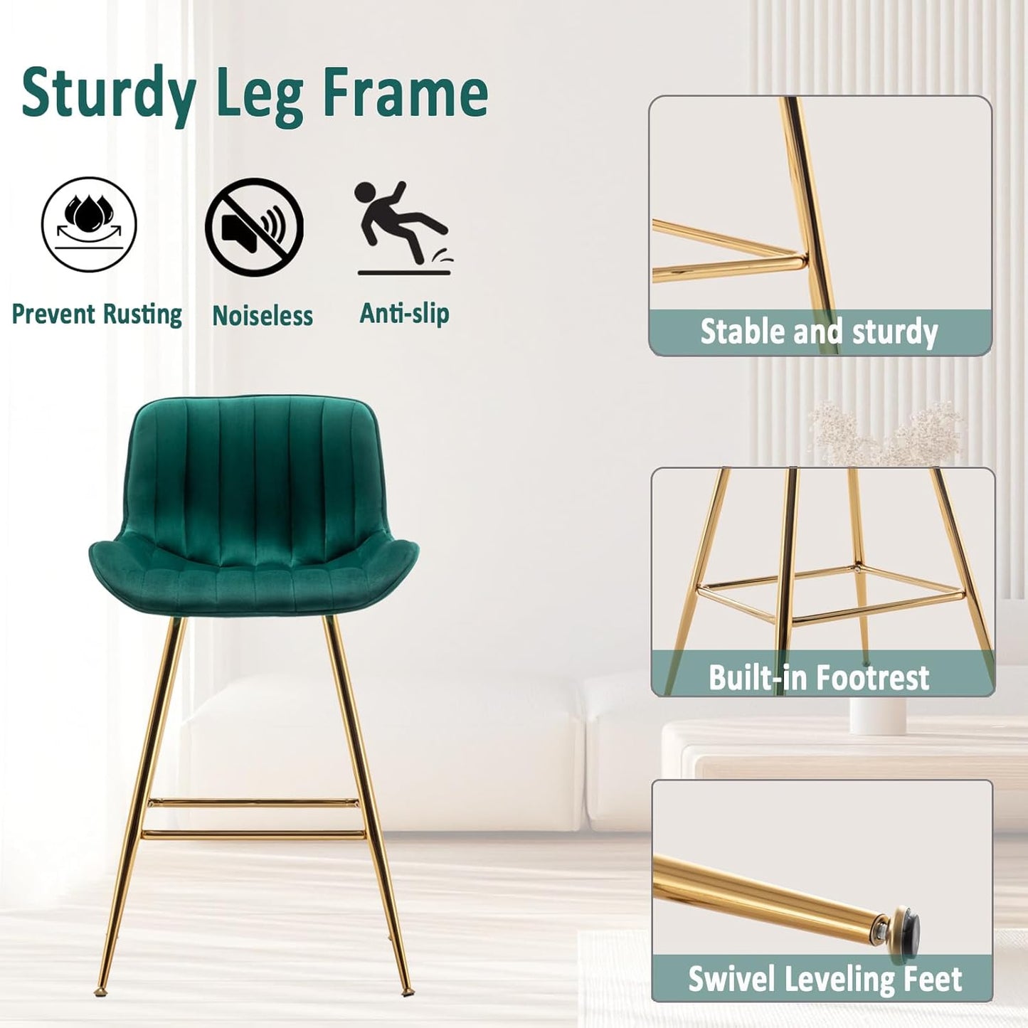 Sidanli Counter Height Bar Stools Set of 2, Modern Velvet Barstools with Back, 24 inch Seat Height Comfortable Island Stools with Gold Legs, Green
