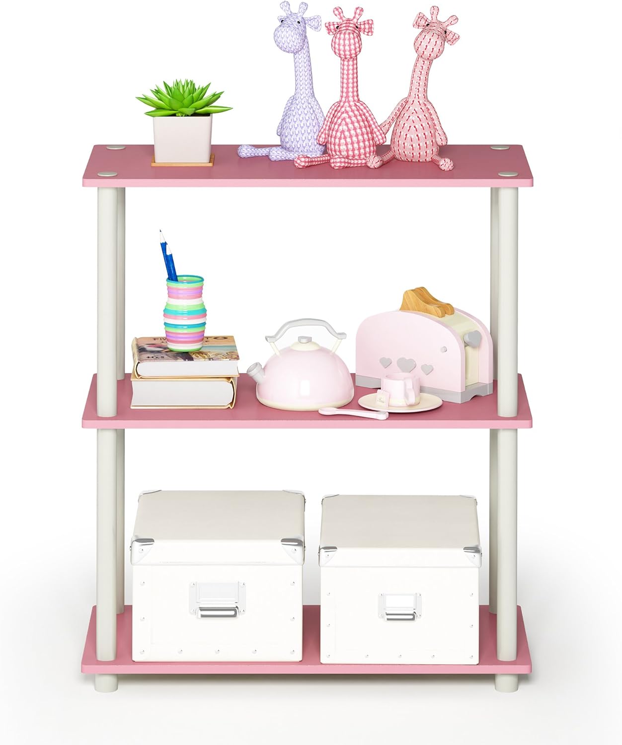 Furinno Turn-N-Tube 3-Tier Compact Multipurpose Shelf Display Rack, Pink/White