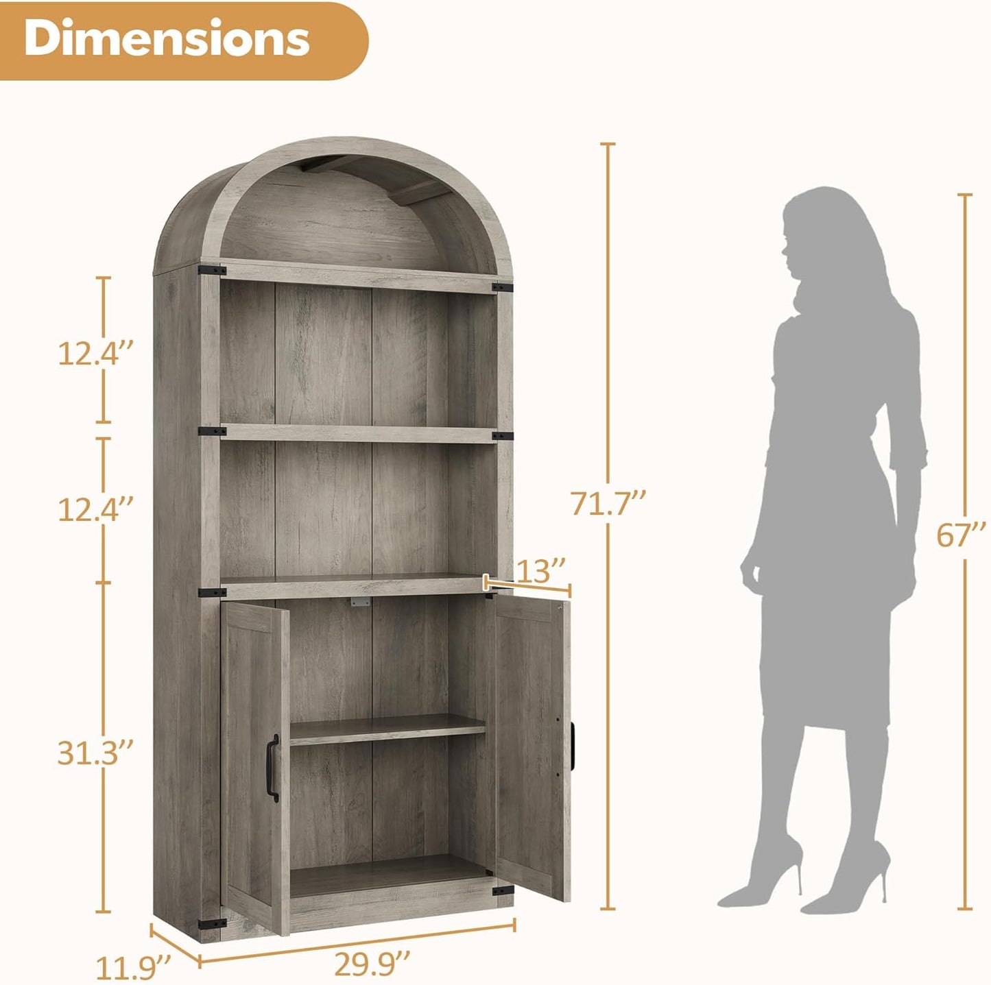 Garveehome Bookcase with Doors Arched Bookshelf 71.65in Tall Bookcase Farmhouse Cabinet with Shelves Wooden Bookshelves for Home Office, Living Room