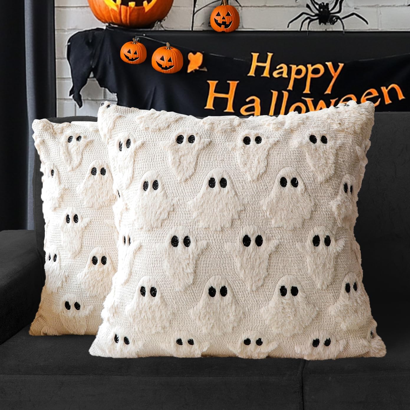 4TH Emotion Halloween Ghost Decorative Pillow Covers 20x20 Set of 2, Beige Soft Plush Faux Fur Farmhouse Throw Cushion Cases for Fall Autumn Holiday Home Decorations