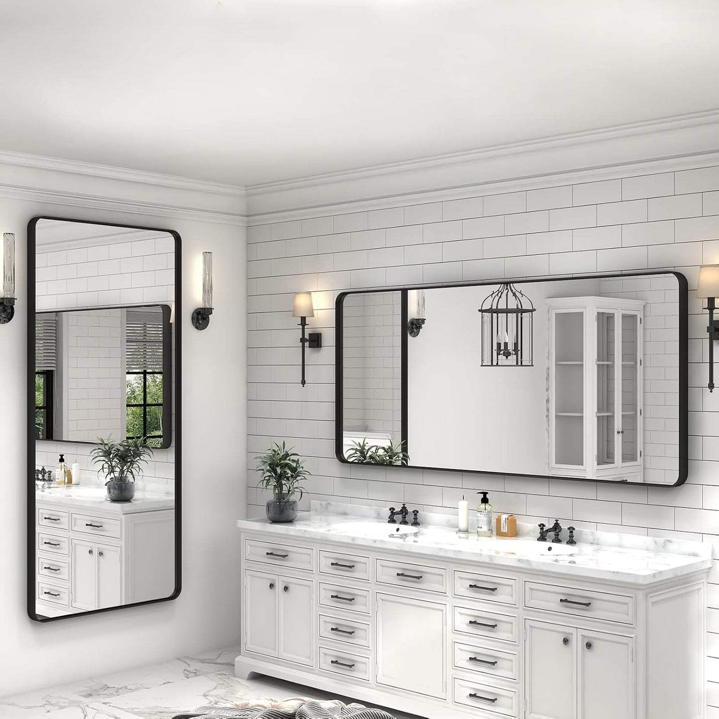 60x28 Black Framed Bathroom Mirror, Large Matte Black Bathroom Vanity Mirror for Wall, Rounded Rectangle Bathroom Mirror, Shatterproof (Horizontally/Vertically)