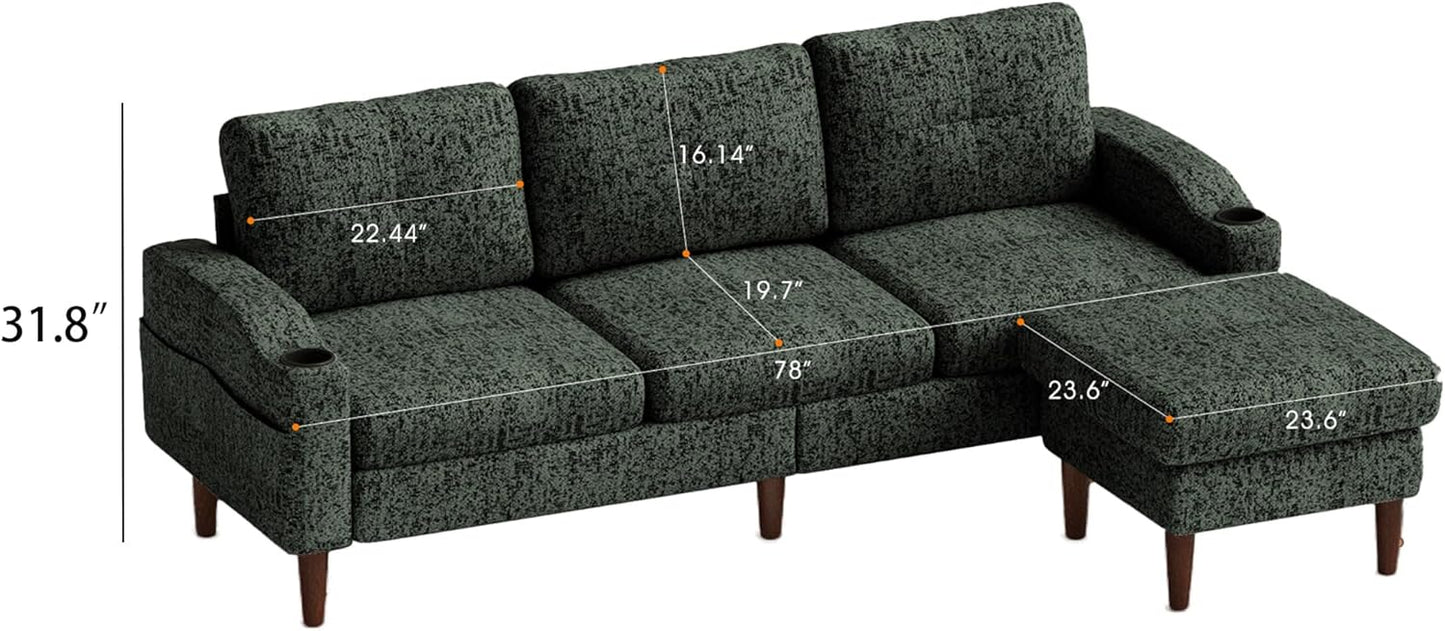 Ball & Cast Modular L Shaped Sectional Sofa with Movable Storage Ottoman,3 Seater Comfy Cloud Couch W/Cupholders and USB Ports,Linen Fabric Sofa for Living Room,Apartment,Small Space,Green,78"