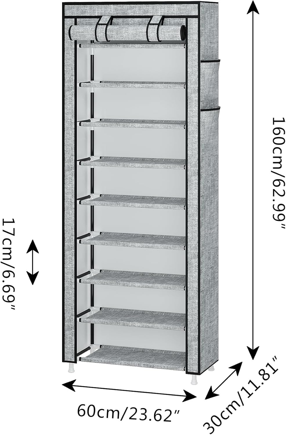 Calmootey 9 Tier Shoe Rack Organizer,Portable Shoe Shelf with Nonwoven Fabric Cover for Closet Hallway,Bedroom,Entryway, Ash Grey