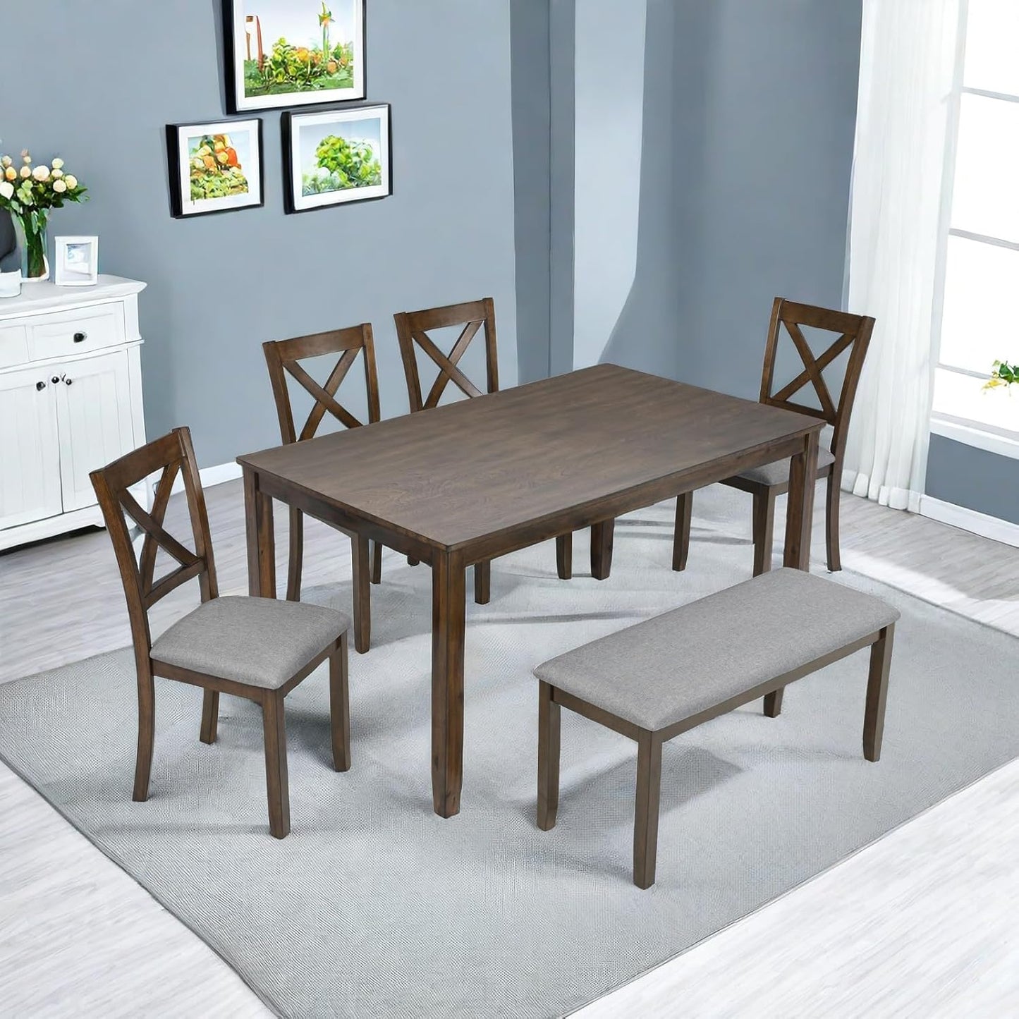 Dining Table Set, 6-Piece Modern Rectangular Dining Table & Chair Set with 4 Upholstered X-Shaped Backrest Chairs and a Bench, Walnut