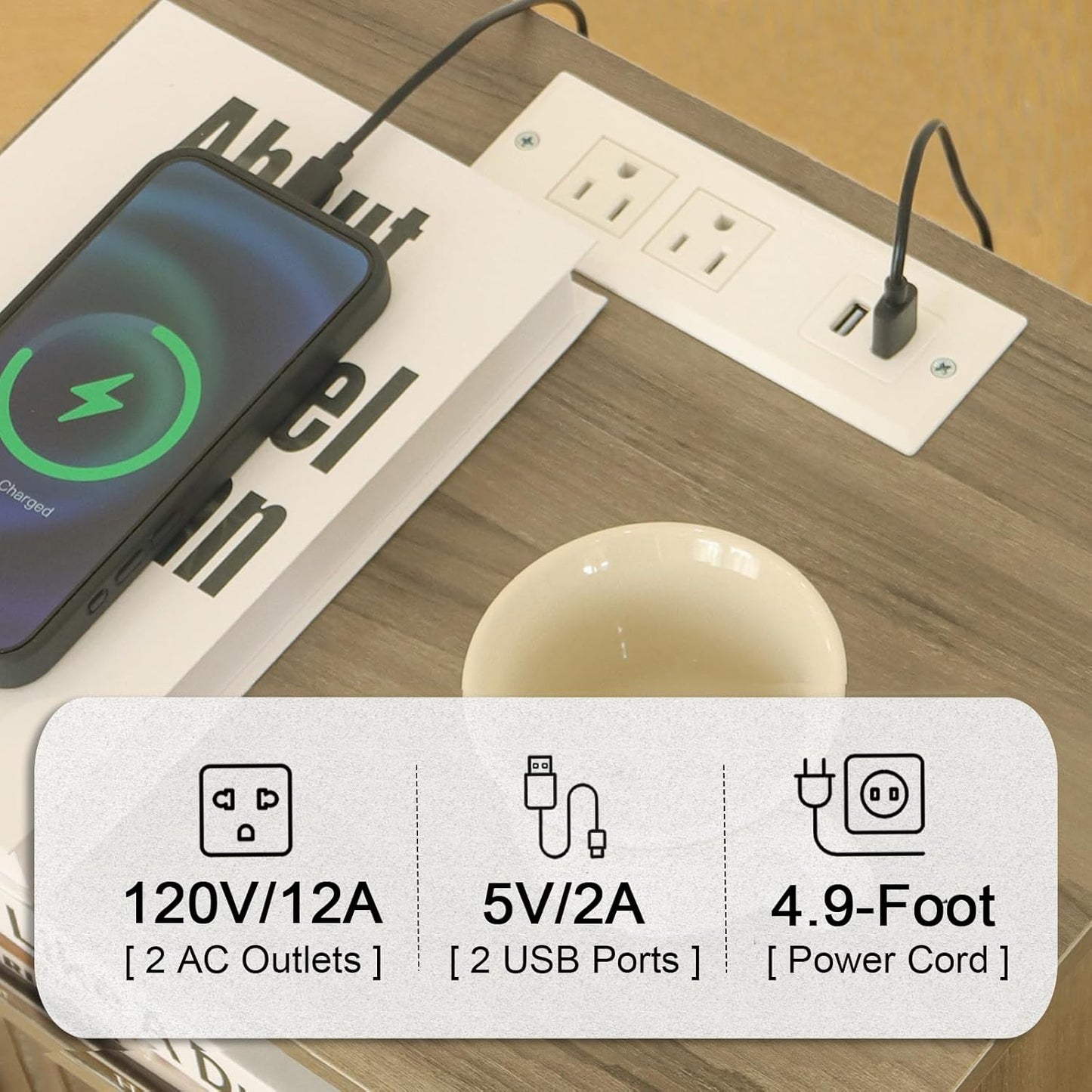Night Stand with Charging Station, Modern Bedside Table with Drawer and Solid Wood Legs, Fluted Side End Table for Bedroom, Dorm and Small Space (Grey)