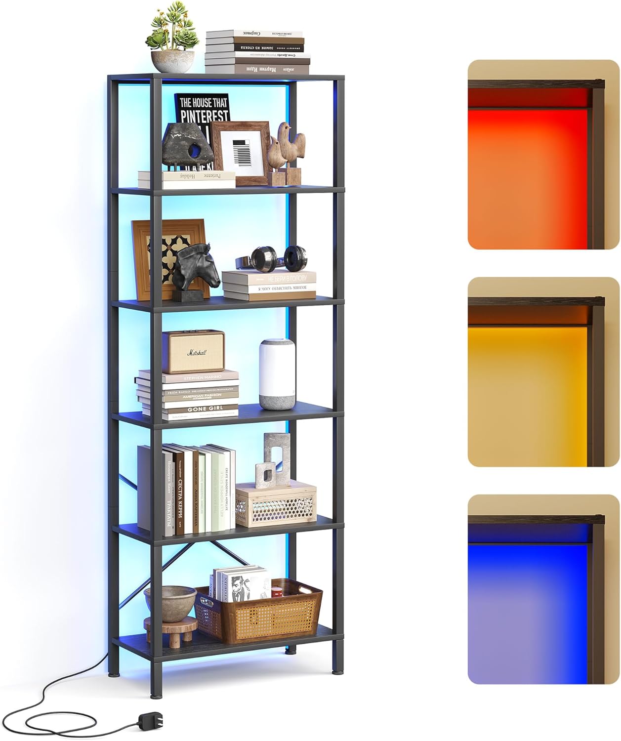 6-Tier Bookshelf, Tall Bookcase with LED Lights, Book Shelf with Steel Frame, 11.2" x 23.6" x 65.4", Display Storage Shelf for Living Room, Bedroom, Home Office, Study, Black