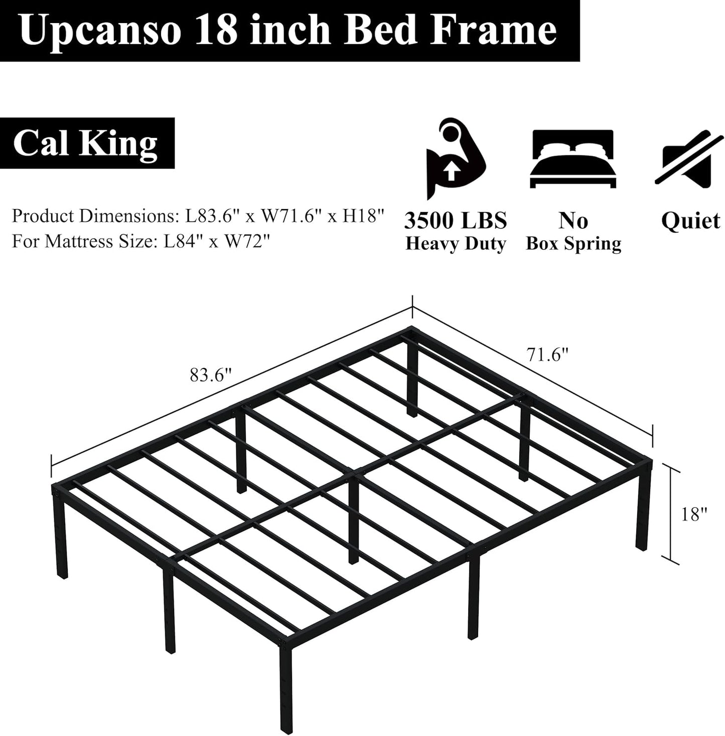 18 Inch California King Bed Frames No Box Spring Need, Platform Cal King Bed Frame with High Storage, Eassy Assembly 3,500 Lbs Heavy Duty Bedframes, Black