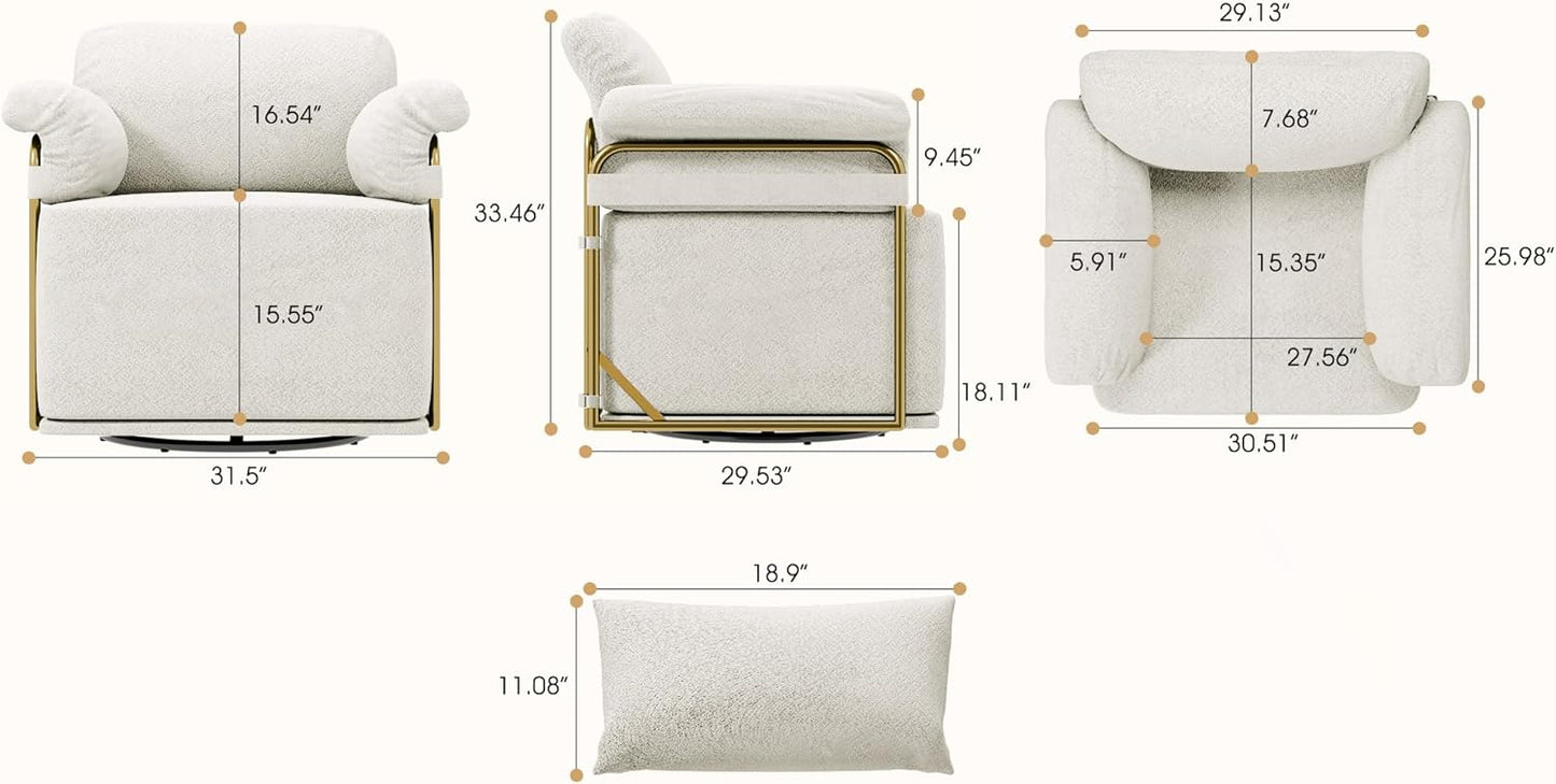 KEIKI Modern Comfy Swivel Accent Reading Chair with Waist Pillows, 360°Square Upholstered Barrel Armchair Single Club Lounge Sofa Chairs for Living Room,Bedroom,Office,Beige