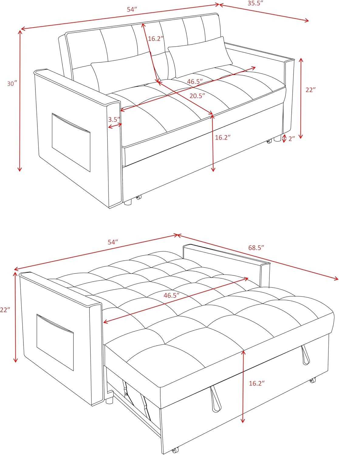 3 in1 Sofa Bed, Pull-Out Sleeper Sofa Bed with 3-Level Adjustable Backrest, Velvet Fabric Convertible Love Seat Sleepers Beds for Living Room & Bedroom & Apartment, Blue