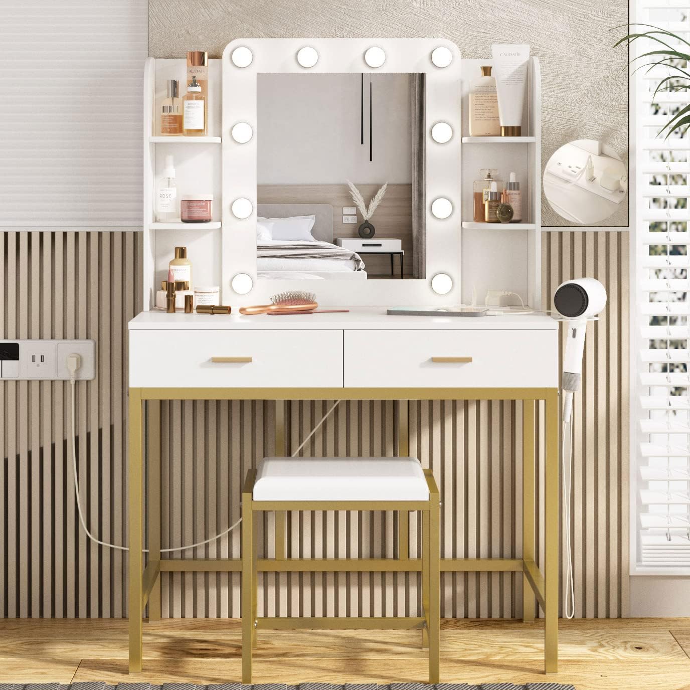 Vabches Vanity Desk with Mirror and Lights, with Charging Station,Makeup Vanity Table Set with Lighted Mirror, with 3 Lighting Modes and 2 Drawers&Cushioned Stool for Bedroom