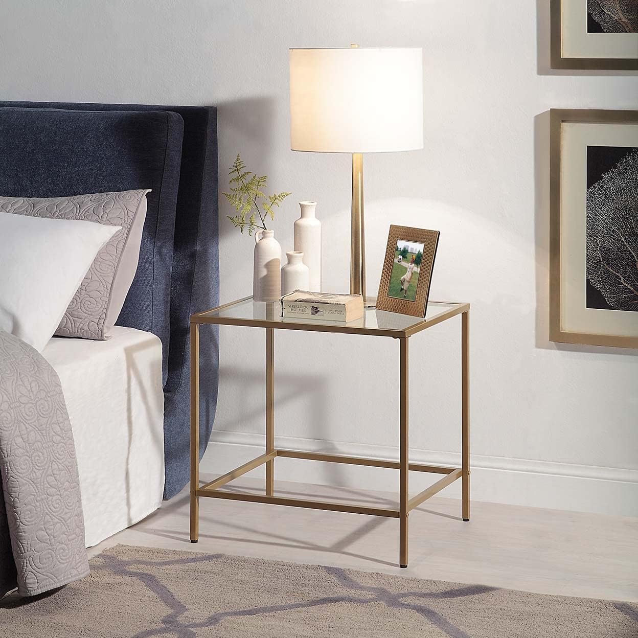 CAWS Gold End Table, Tempered Glass Rectangle Side Table with Stain Gold Metal Frame, Accent Table, Night Stand, Modern Minimalist Table for Living Room, Dining Room, Bedroom, Office or Outdoor