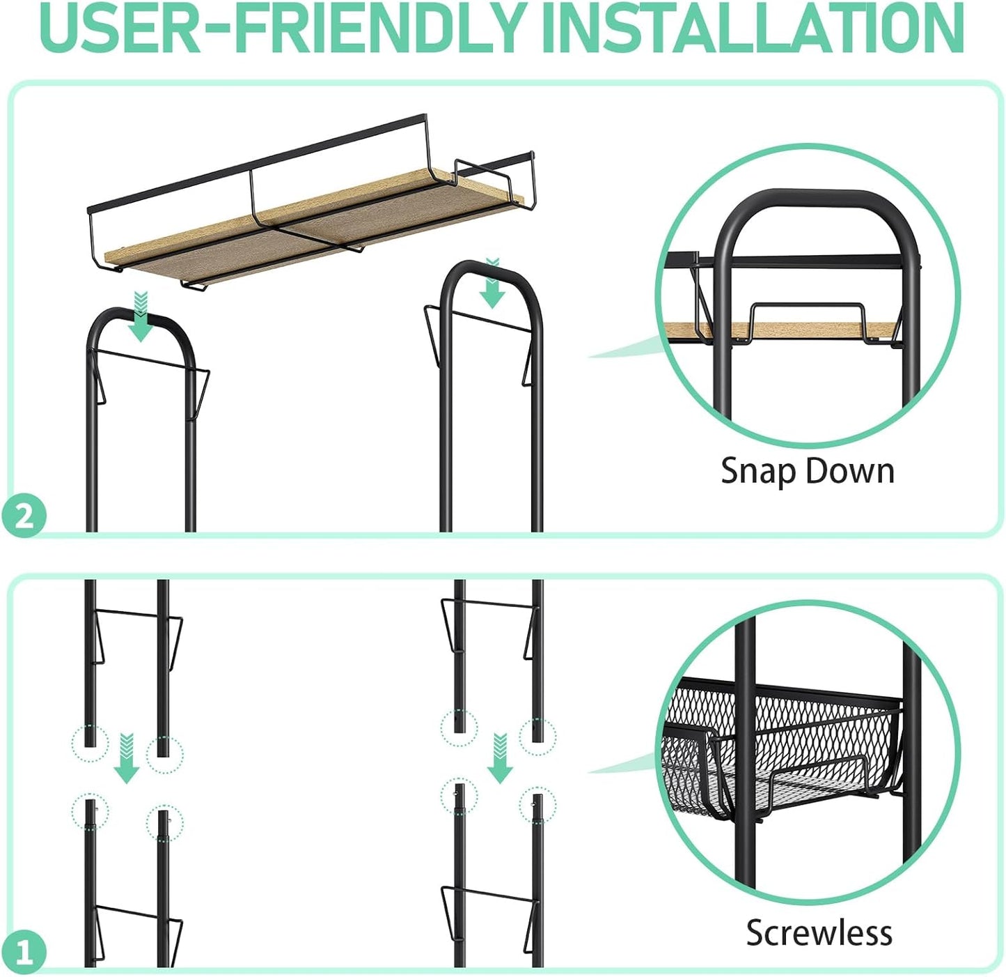 KINGRACK Metal Slim Rolling Cart,4-Tier Metal Utility Cart,Storage Cart with Wooden Tabletop, for Narrow Space on Laundry Bathroom Kitchen Room Bedroom Apartments Dormitory (Pure Black, Slim)