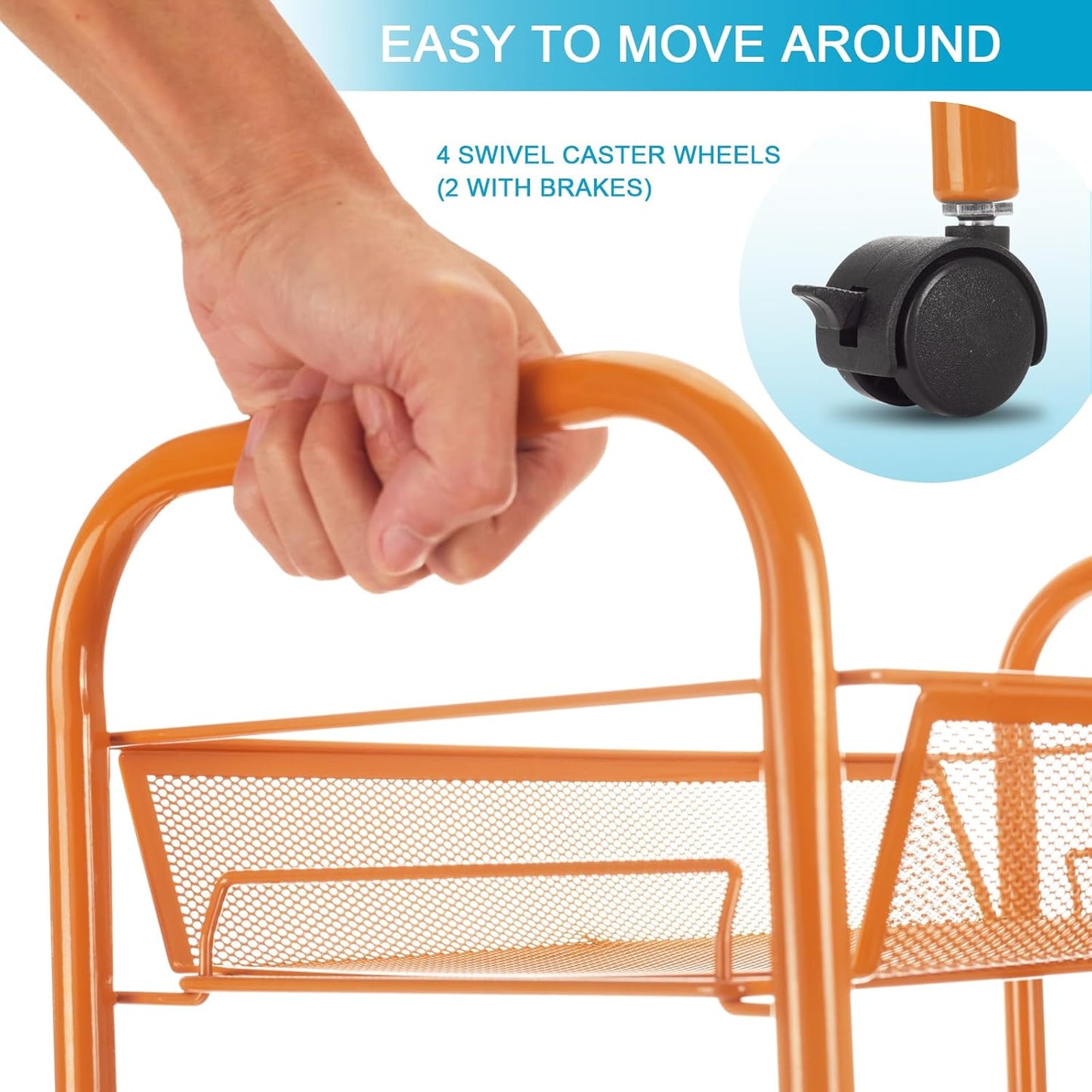 3-Tier Metal Rolling Cart, Storage Shelf with Lockable Caster Wheels, Mobile Storage Cart Used for Kitchen, Bathroom, Livingroom(Orange)