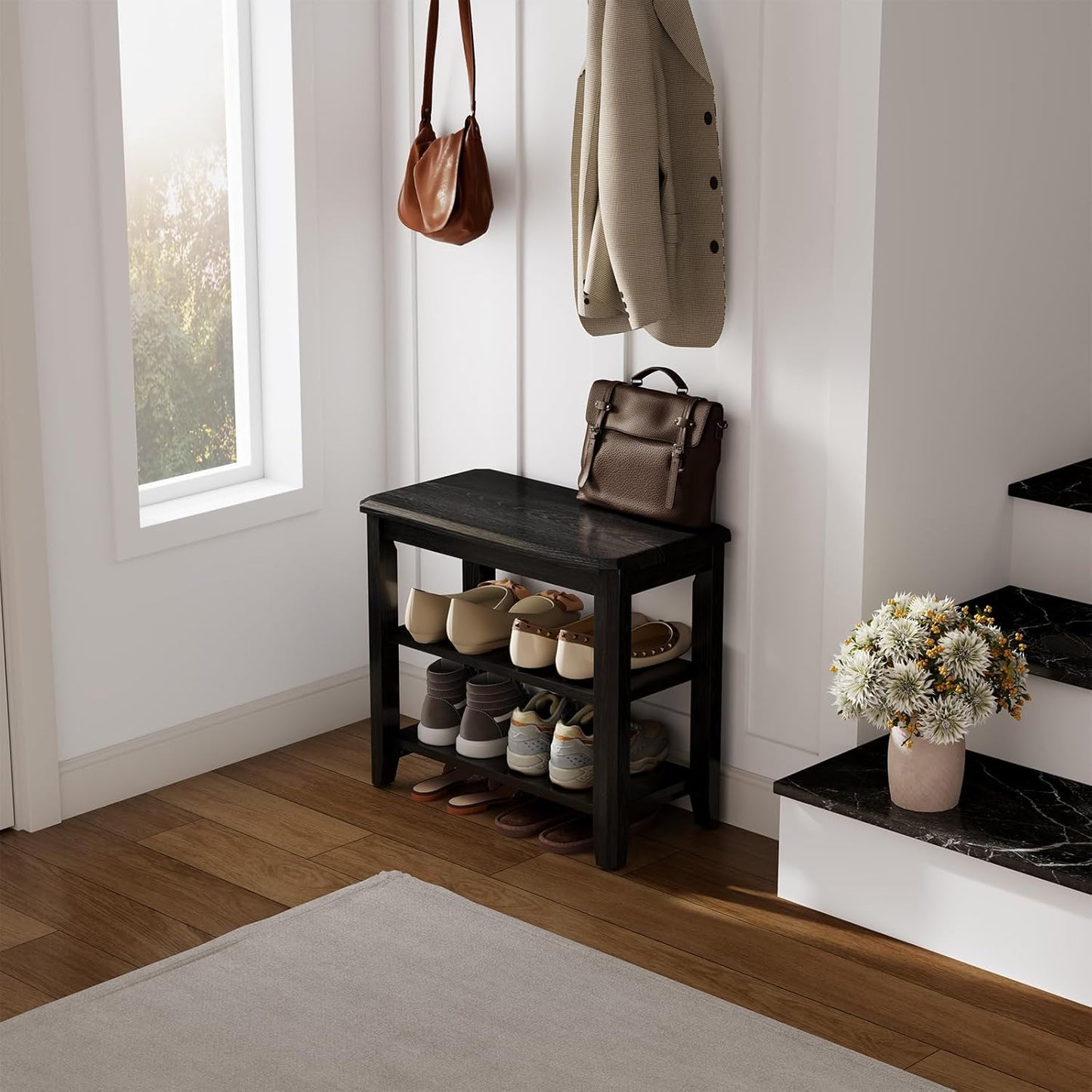 Wood Shoe Rack Bench for Entryway, 2 Tier Shoe Rack for Front Door Entrance, Shoe Bench with Shoe Storage for Entryway, Bedroom, 23.6"