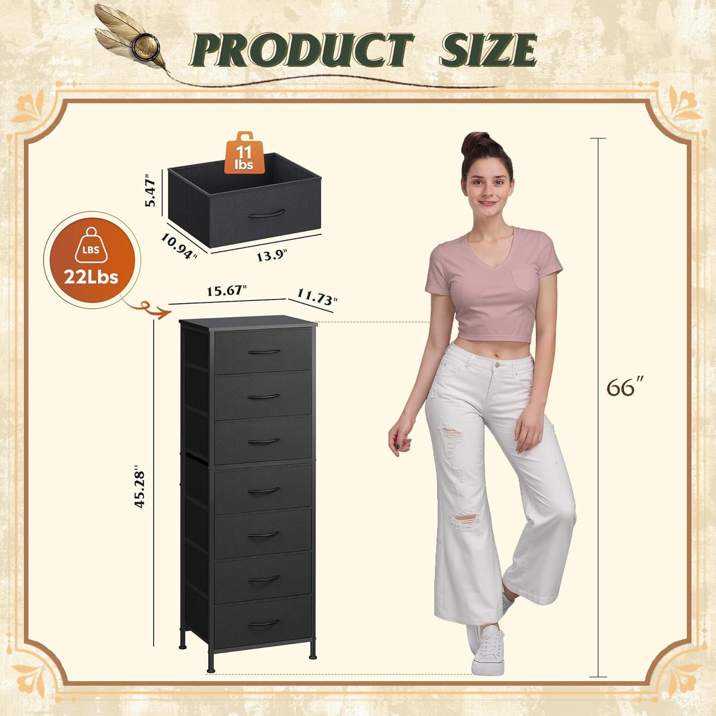 WLIVE Black Tall Dresser for Bedroom, 7 Drawer Dressers & Chests of Drawers, Fabric Dresser for Closet, Living Room, Night Stand with Metal Frame, Storage Tower with Fabric Bins, Wood Top