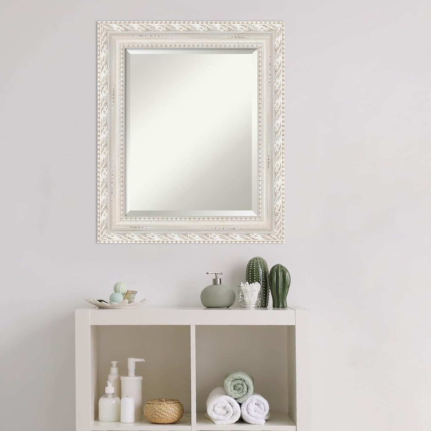 Amanti Art White Bathroom Mirror for Over Sink, 26x22 Opera Off White Rectangle Vanity Mirror, Small Traditional Wood Frame, Hangs Horizonally and Vertically, Bathroom Wall Decor, Beveled Edge from WI