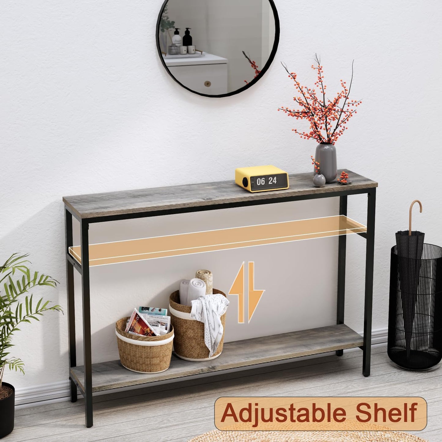 Narrow Console Table, 47 Inch Sofa Table with Adjustable Shelf, 2-Tier Long Skinny Table for Hallway, Entryway, Living Room, Foyer, Grey