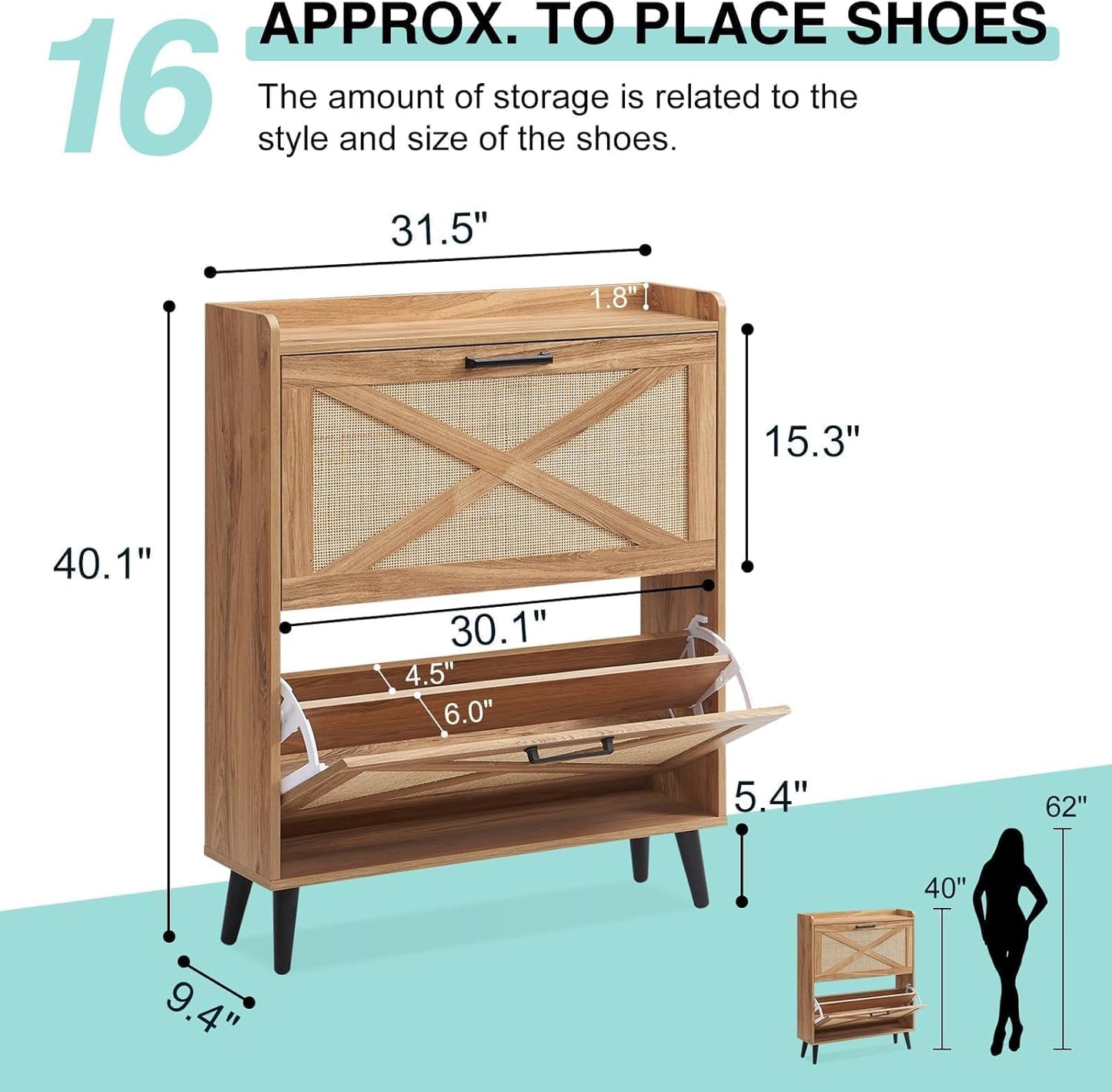 Shoe Storage Cabinet, Boho Shoe Organizer with 2 Flip Drawers & Rattan Design,Farmhouse Freestanding Hidden Slim Narrow Shoe Rack Cabinet for Entryway, Foyer,Hallway, Natural