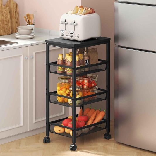Hoctieon Rolling Storage Cart, 4-Tier Wide Panel Rolling Kitchen Storage Cart, Utility Cart with Handle & Wheels, Mobile Shelving Unit, Metal Frame Narrow Cart for Home Kitchen, Laundry, Black