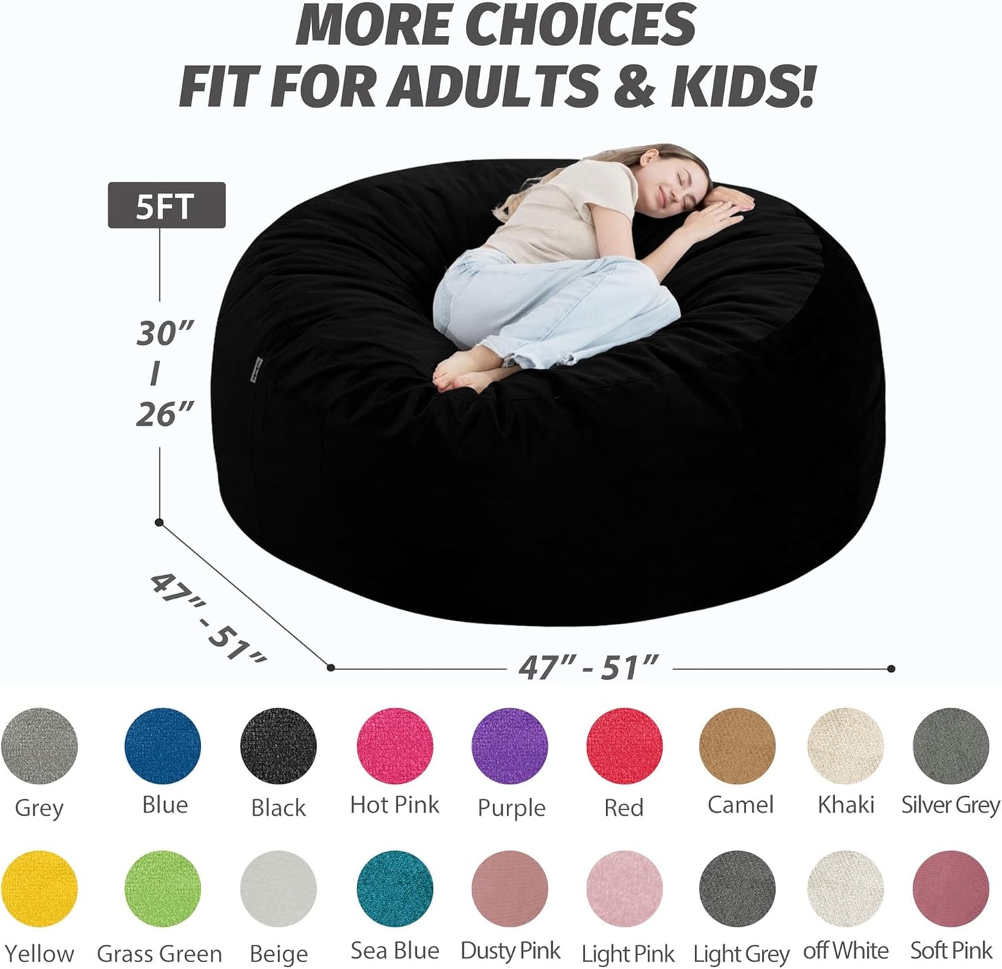 5FT Bean Bag Chair with Ultra Soft Velvet Cover Bean Bag Sofa with Memory Foam Bean Bag Chairs with Large Size Lazy Sofa for Dorm Office Living Room Bedroom Black 5'