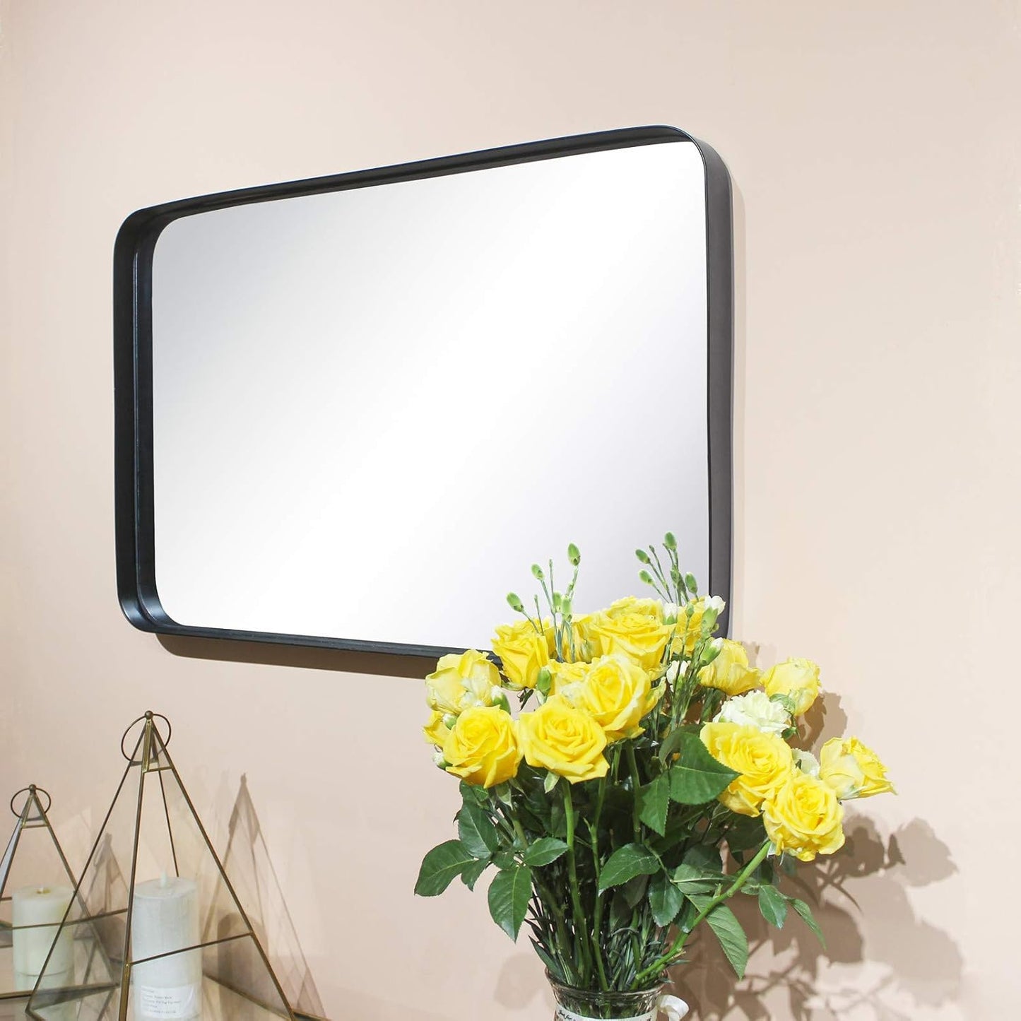 TEHOME 24x36 Matt Black Metal Framed Bathroom Mirror for Wall in Stainless Steel Matte Black Rounded Rectangular Bathroom Vanity Mirrors Wall Mounted