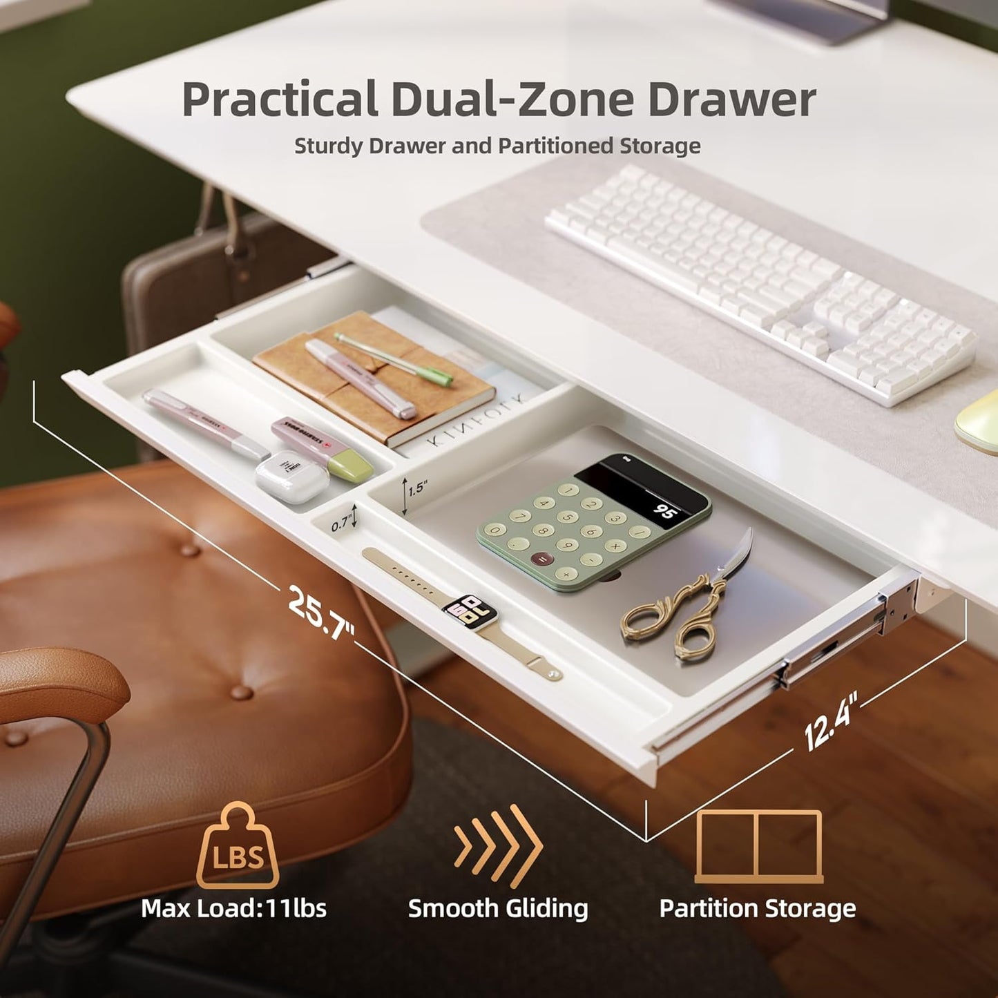 INNOVAR Glass Standing Desk with Drawers, 40×24 Inch Adjustable Stand Up Desk Quick Install Home Office Computer Desk, Super White
