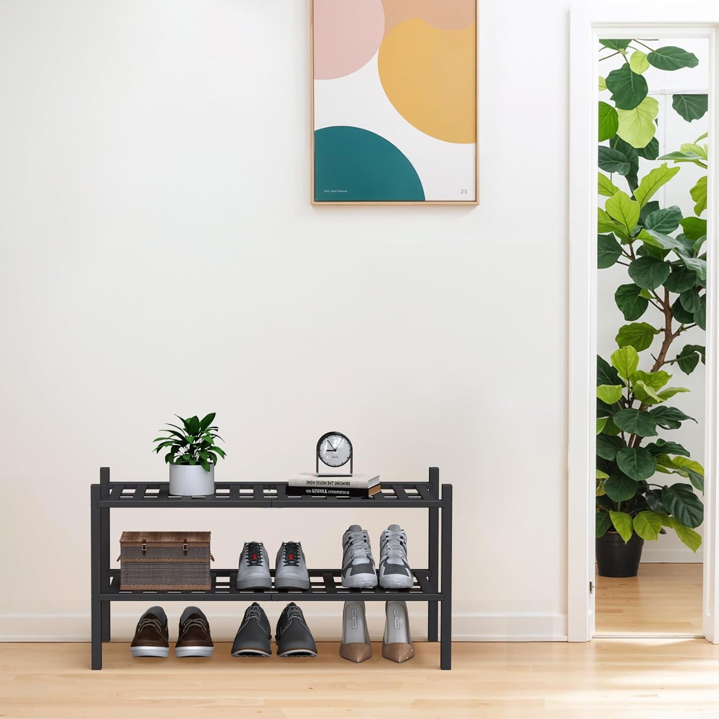 Haddockway Large 2 Tier Bamboo Shoe Rack Storage Organizer, Multifunctional Free Standing Stackable Shoe Shelf with Grid Panel for Closet,Hallway,Entryway,Small Space 27"x12"x14"(Black, 2-Tier(Large))