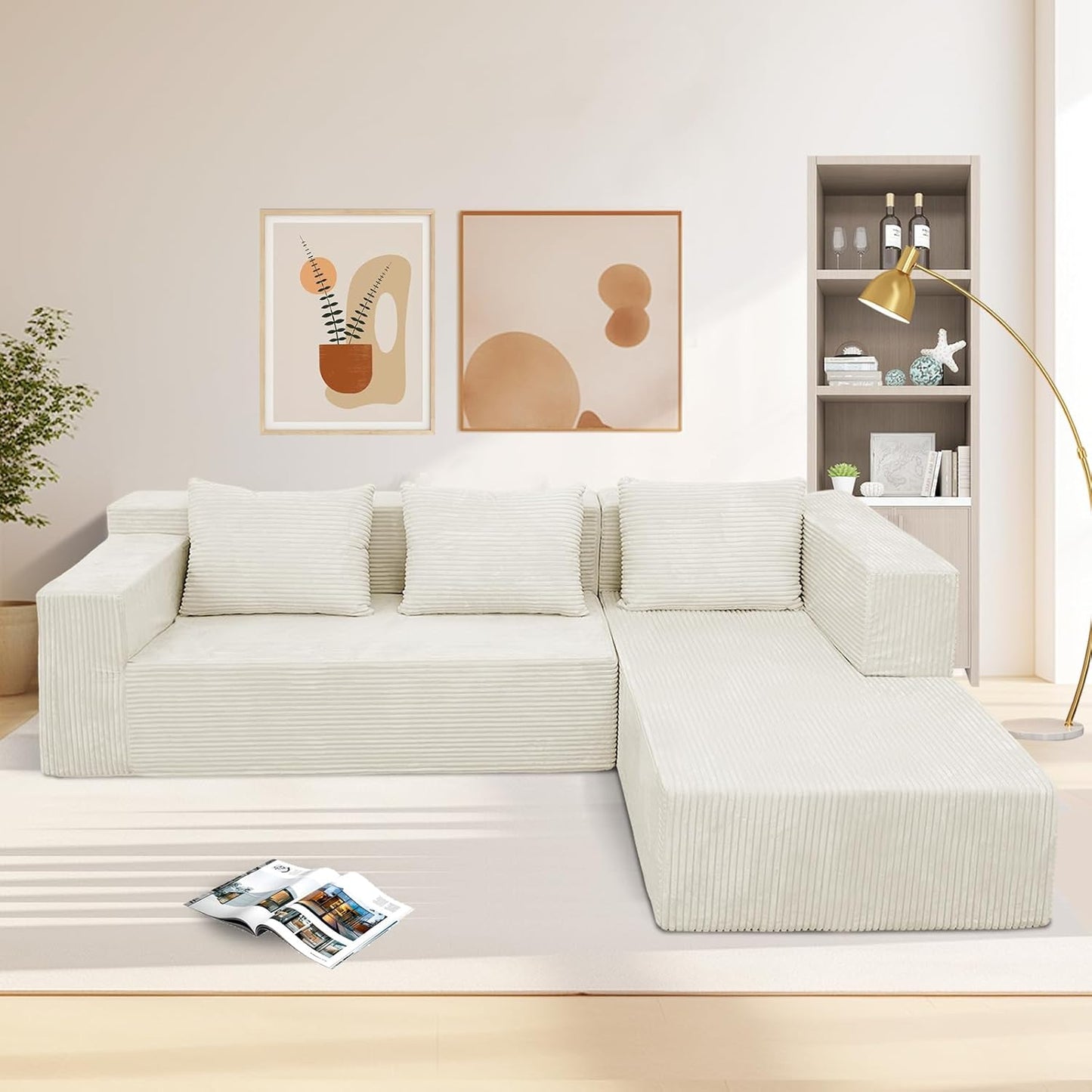 ANONER 103" Cloud Sectional Couch with Deep Seat, Modern Modular Boneless Couch L-Shape Upholstered Sofa with Chaise, Free Combination Corduroy Couches for Living Room, Beige