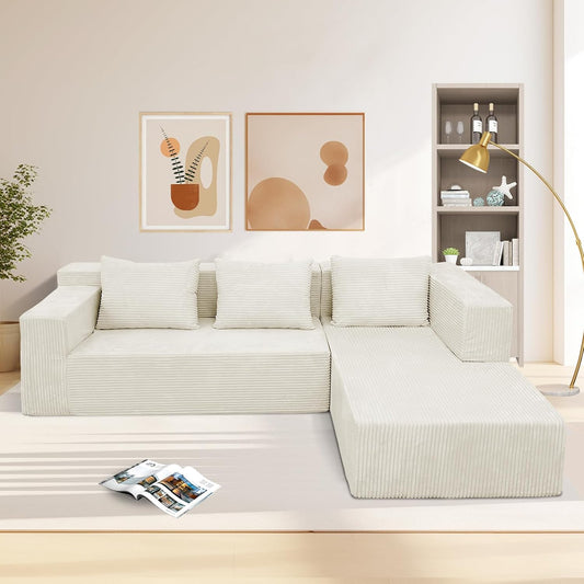 ANONER 103" Cloud Sectional Couch with Deep Seat, Modern Modular Boneless Couch L-Shape Upholstered Sofa with Chaise, Free Combination Corduroy Couches for Living Room, Beige
