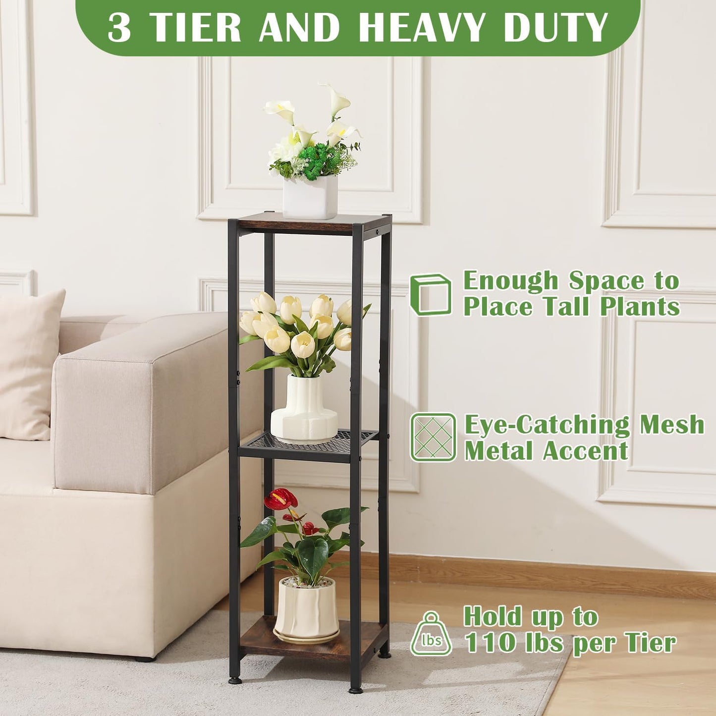 Extra Tall Plant Stand Indoor,40 Inch Plant Stands,3 Tier Metal Plant Stand with Heavy Duty Wood and Metal Mesh Shelf,Rustic Brown and Black