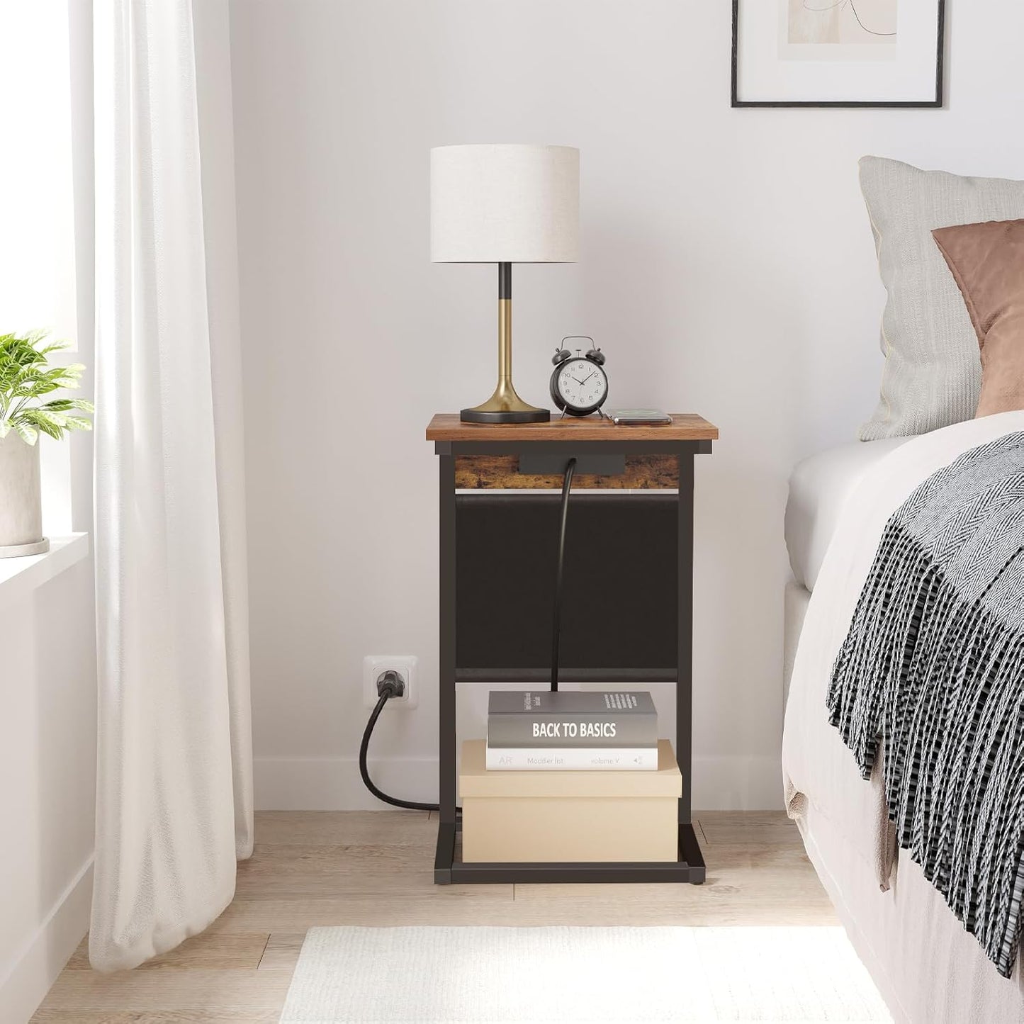 TUTOTAK C Shaped End Table with Charging Station, Side Table for Sofa, Couch with Storage Bag, Set of 2, TV Tray with 2 USB Ports and Outlets for Living Room, Bedroom, Brown TB01BB0242