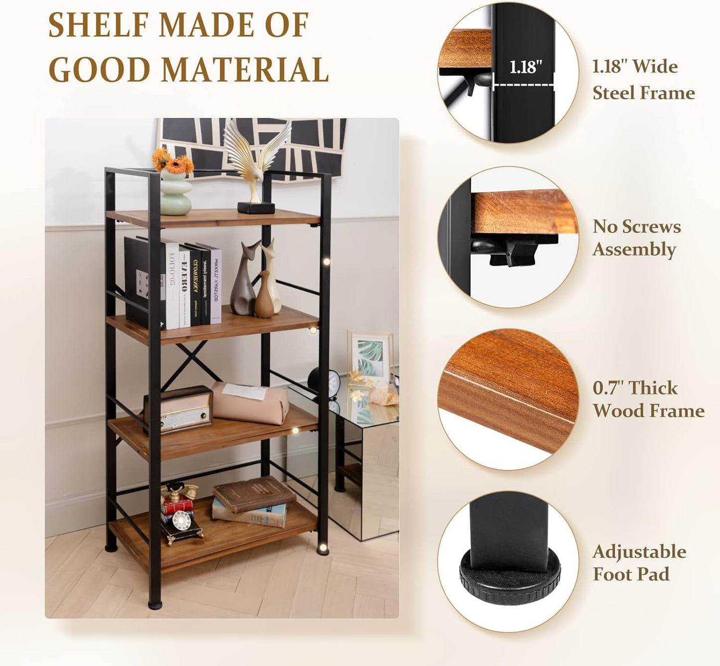 Crofy Rustic Bookshelf, 4 Tier Real Wood Bookshelf, Metal Book Shelf for Storage, Black Bookcase, 12.6" D x 23.62" W x 50.39" H