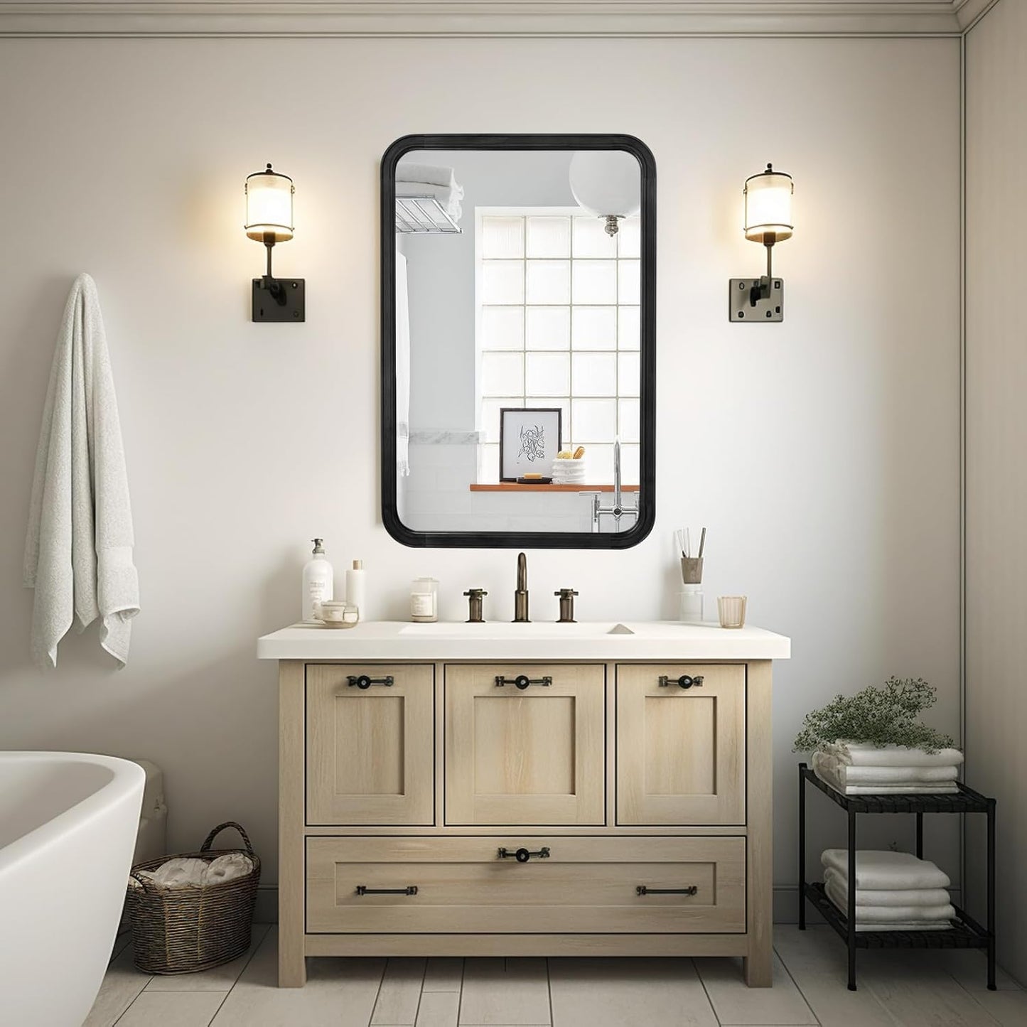 WallBeyond Wood Bathroom Mirror for Wall 24x36 Inch Wooden Frame Rectangle Mirror for Farmhouse Bathroom Vanity Wall Mounted Decorative Mirror (Horizontal/Vertical Black)