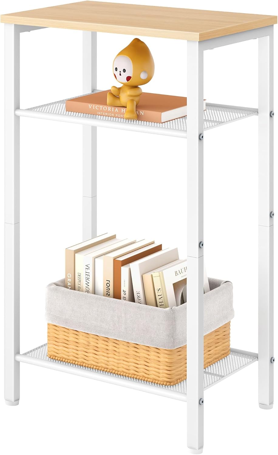 Hoctieon 3 Tier End Table, Telephone Table, Narrow Side Table with Storage, Nightstand for Small Spaces, Metal Frame, for Living Room, Bedroom, Sofa Couch, Hall, Easy Assembly, White and Yellow Oak