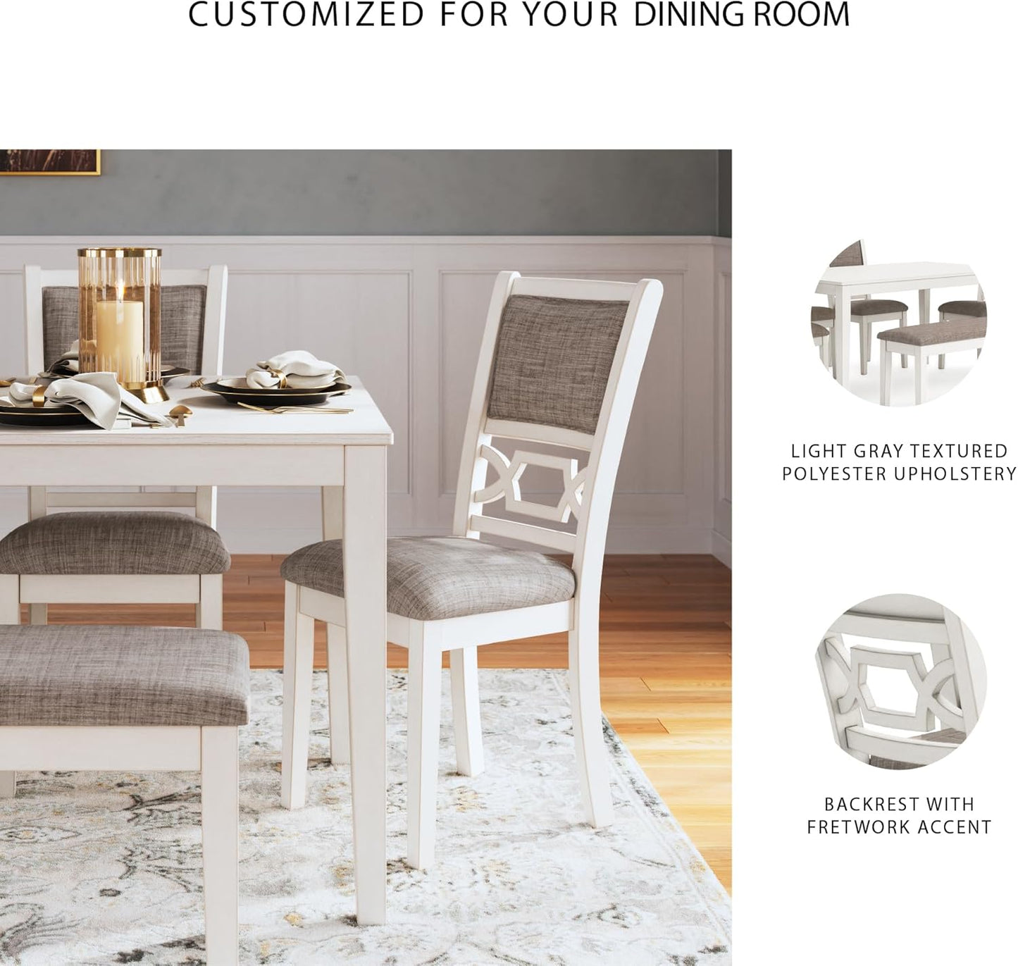 Signature Design by Ashley Erinberg Casual Dining Table with 4 Armless Upholstered Chairs and Bench, Set of 6, White & Light Gray