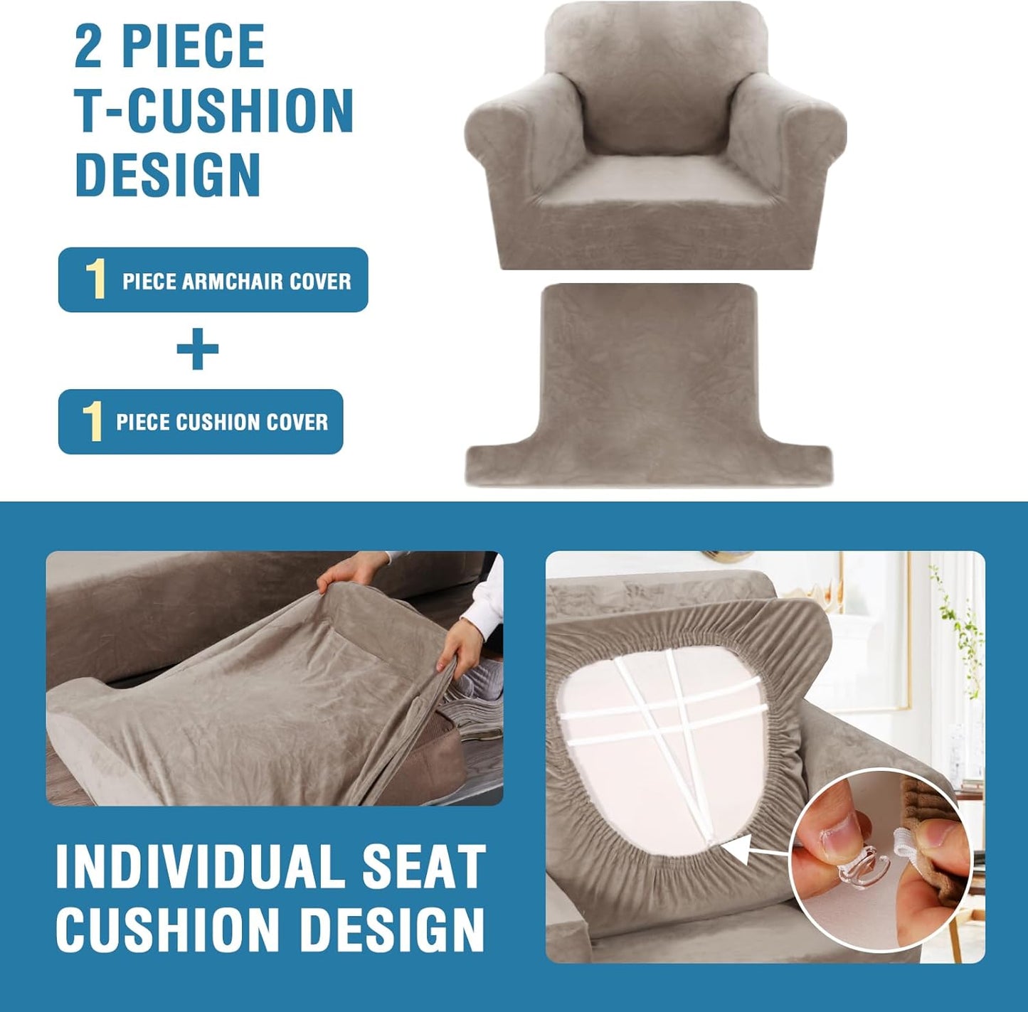 H.VERSAILTEX Sofa Cover 2 Piece Armchair Slipcovers Thick Velvet Couch Cover Furniture Protector Stretch Sofa Covers for 1 Cushion Couch with 1 Individual T Cushion Covers Washable, Taupe